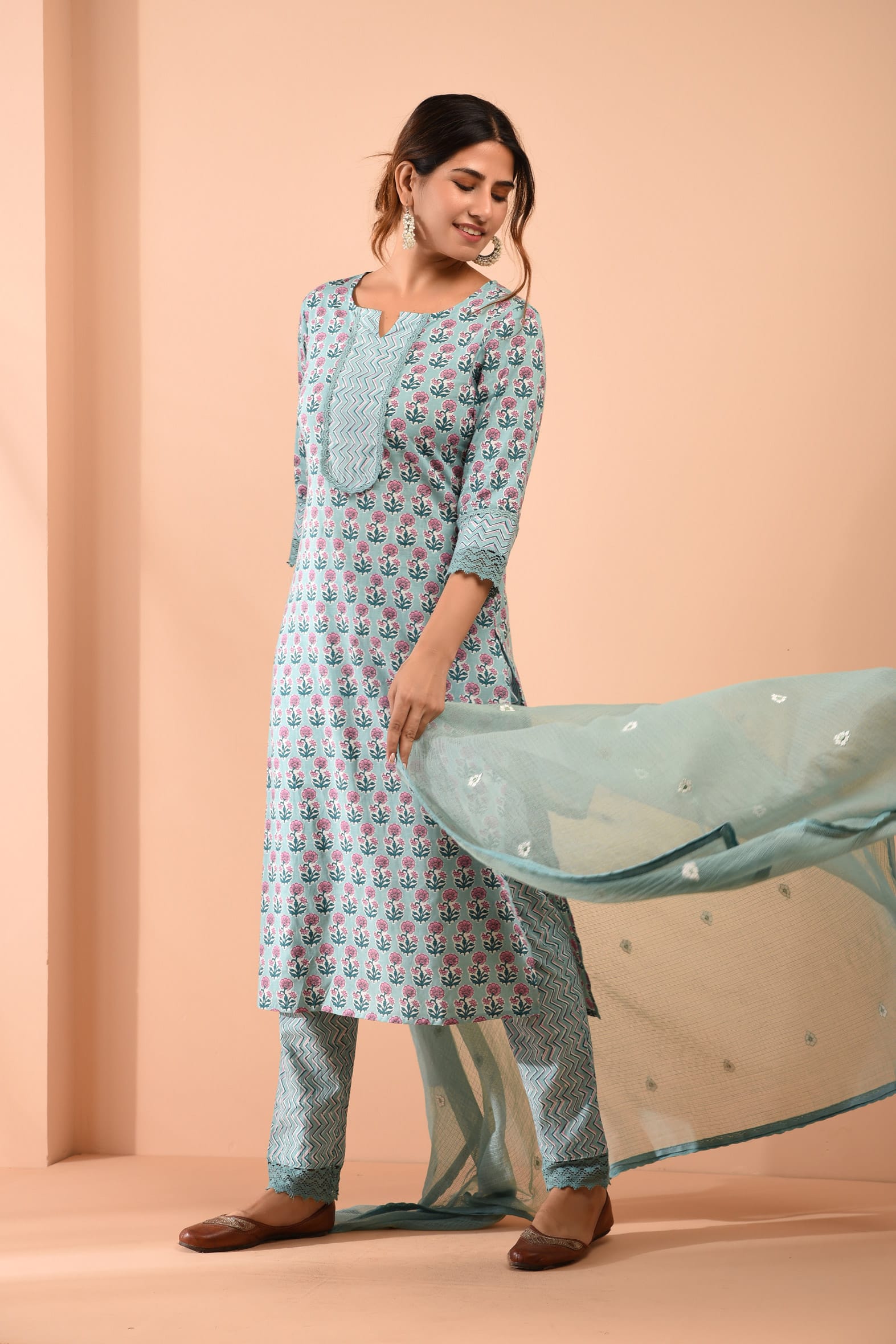 Sea Green Blockprint Cotton Kurta Pant Embroidered Kota Doria