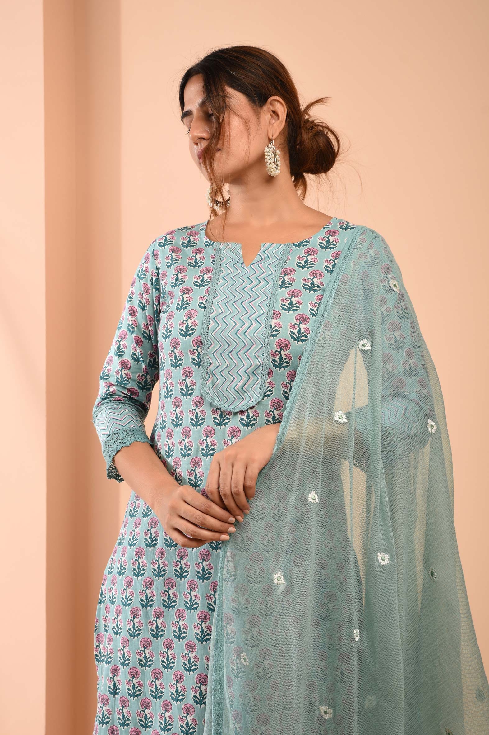 Sea Green Blockprint Cotton Kurta Pant Embroidered Kota Doria