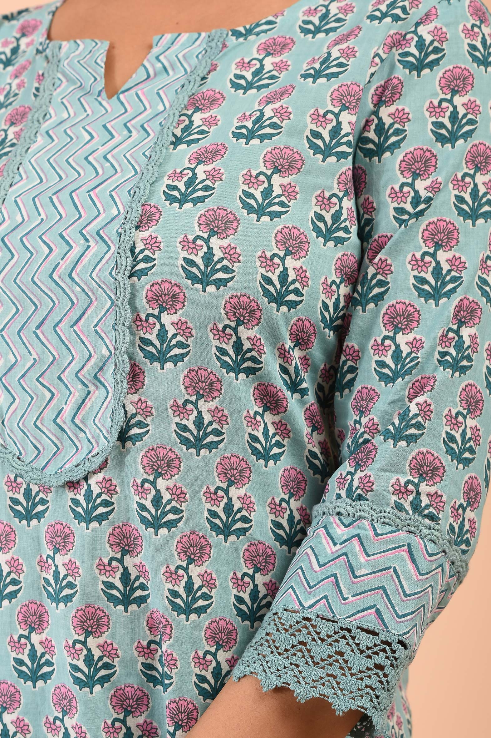 Sea Green Blockprint Cotton Kurta Pant Embroidered Kota Doria