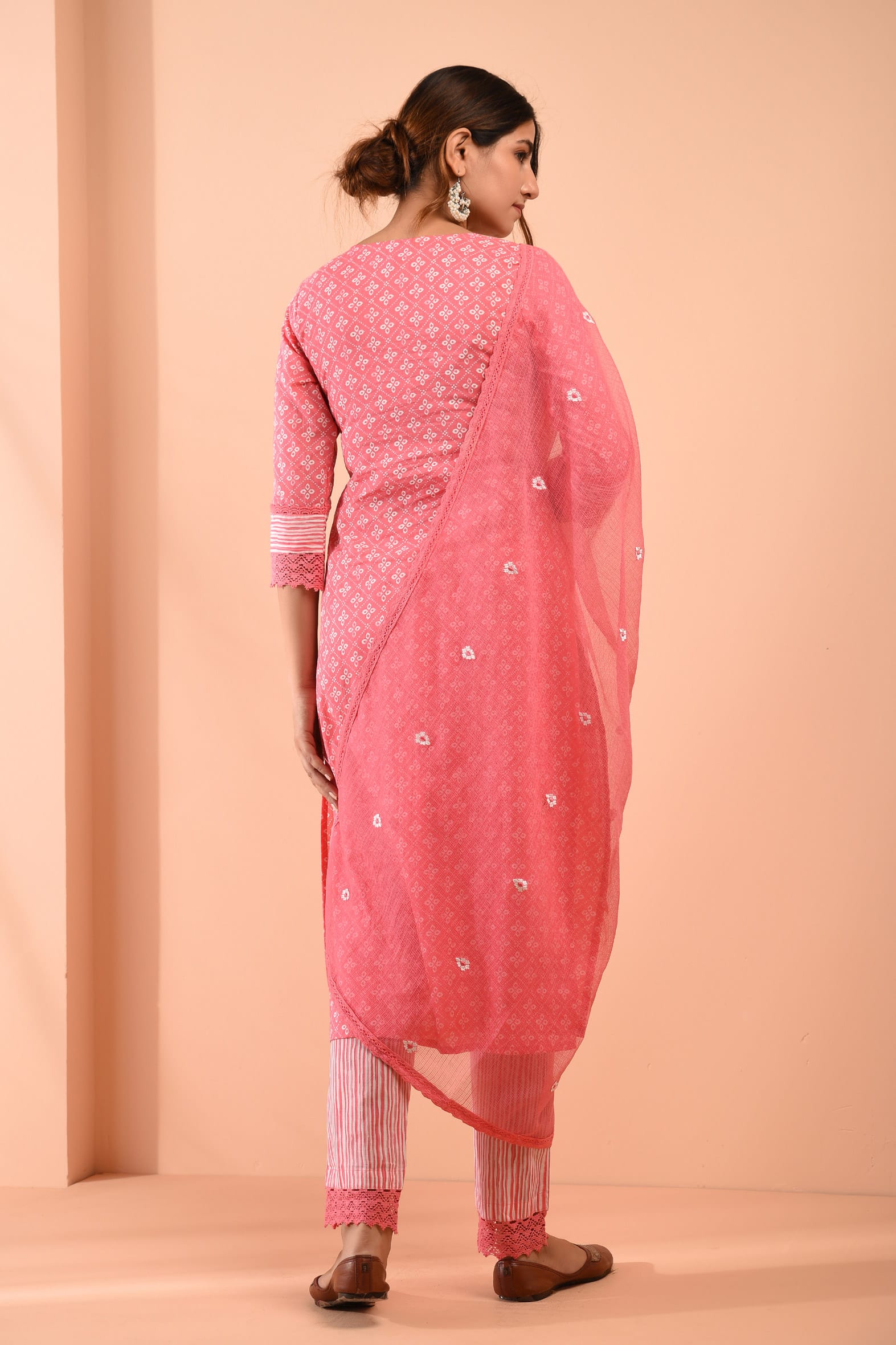 Pink Blockprint Cotton Kurta Pant & Embroidered Kota Doria