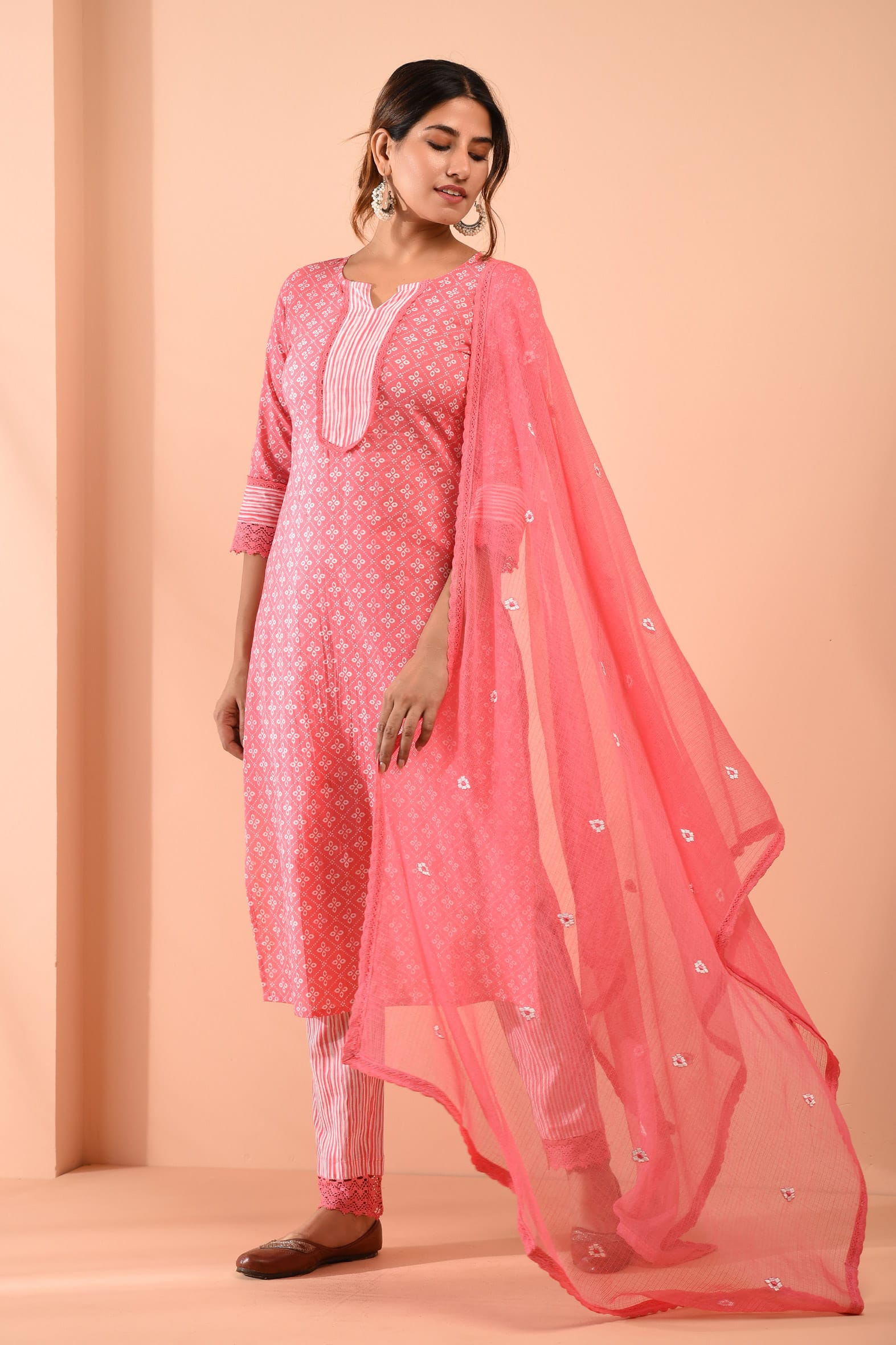 Pink Blockprint Cotton Kurta Pant & Embroidered Kota Doria