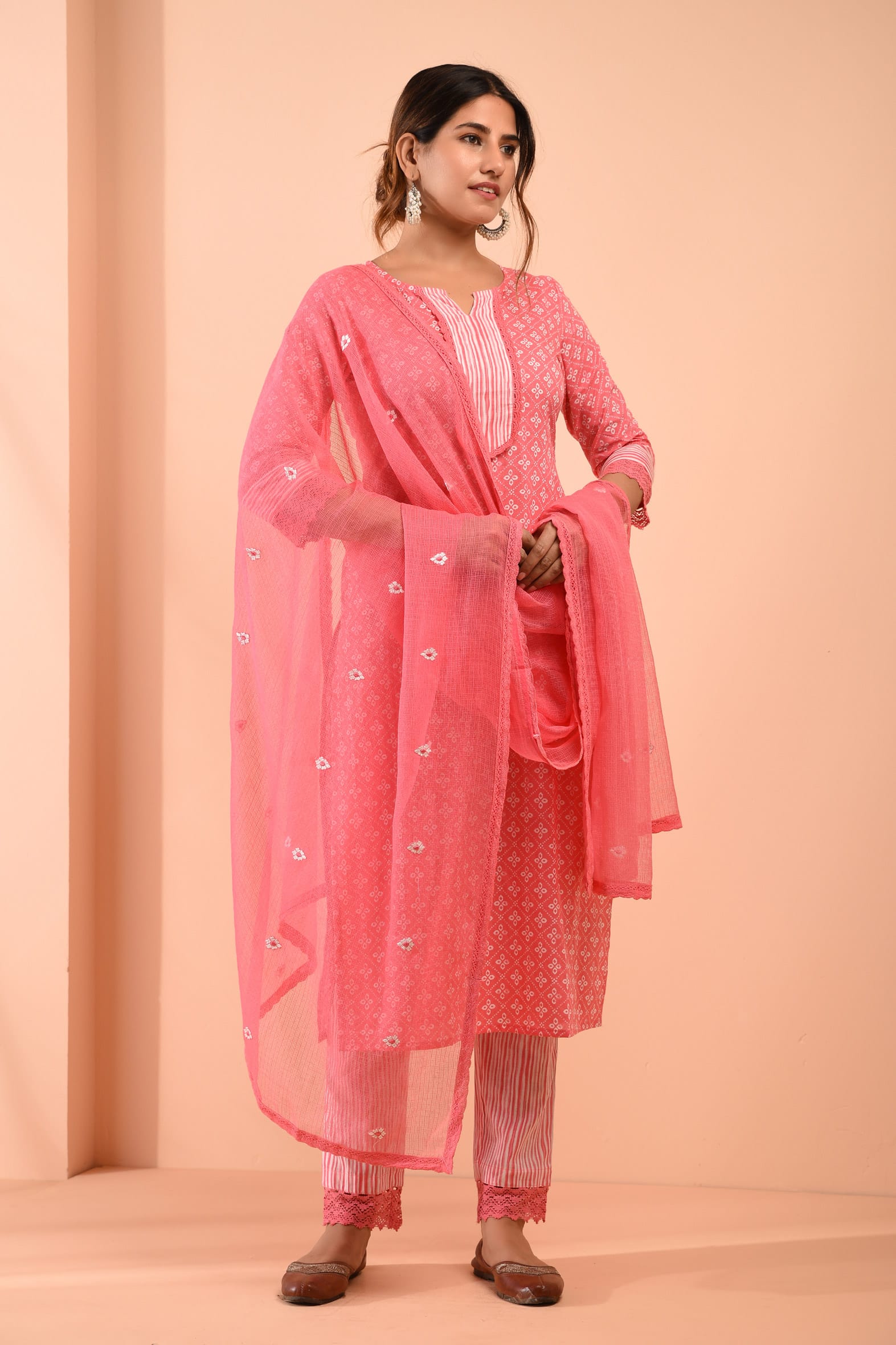Pink Blockprint Cotton Kurta Pant & Embroidered Kota Doria