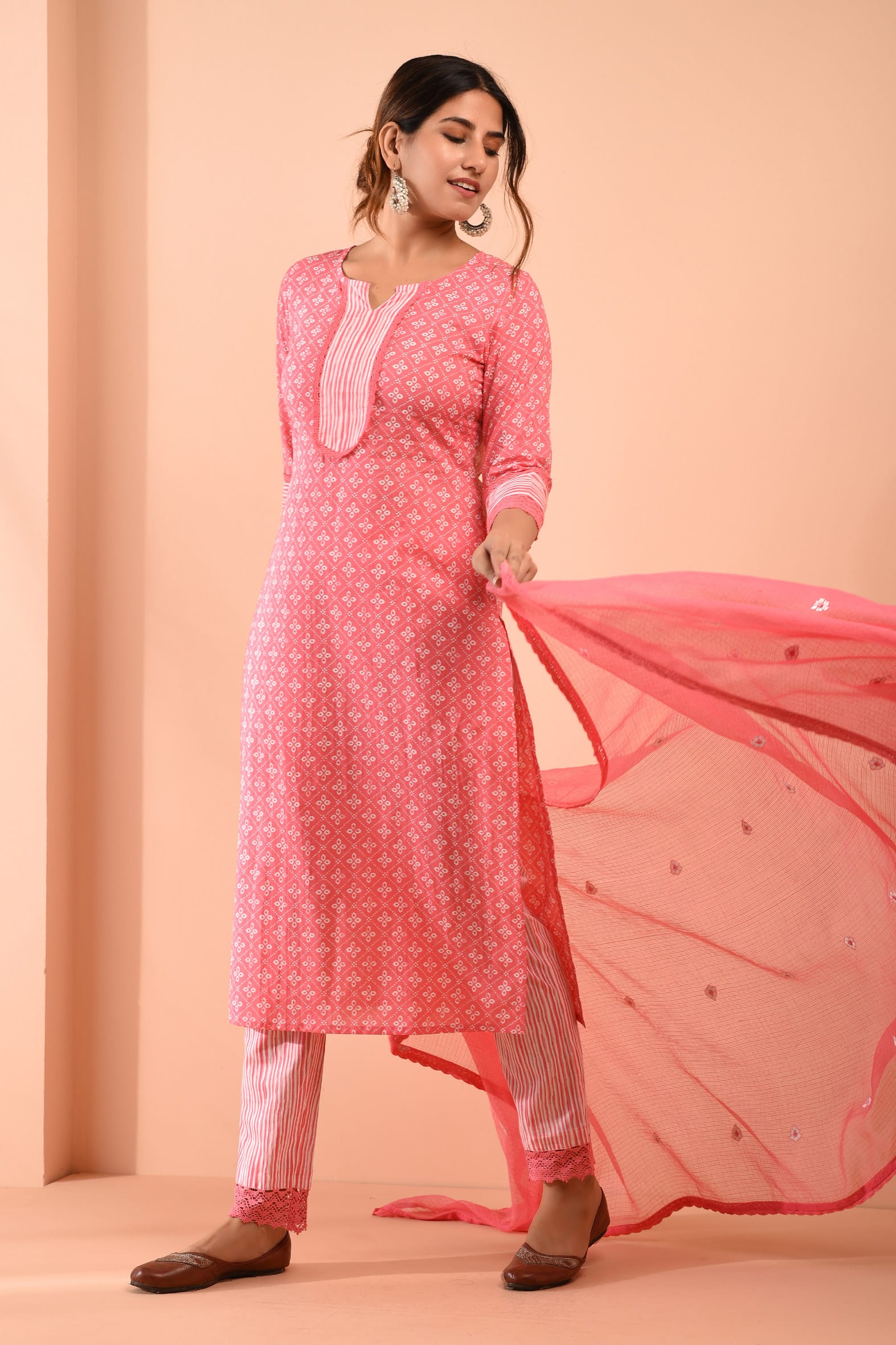 Pink Blockprint Cotton Kurta Pant & Embroidered Kota Doria