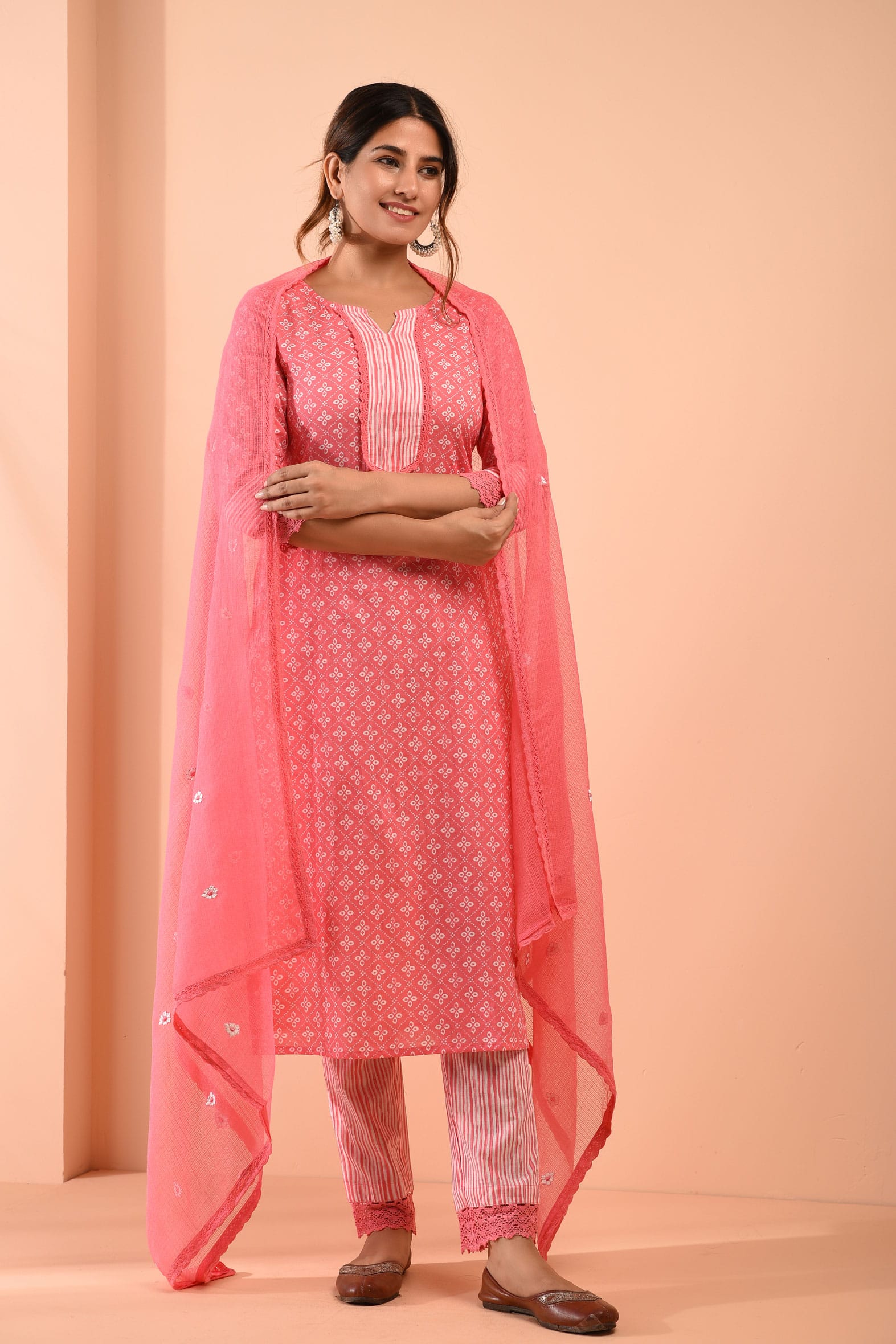 Pink Blockprint Cotton Kurta Pant & Embroidered Kota Doria