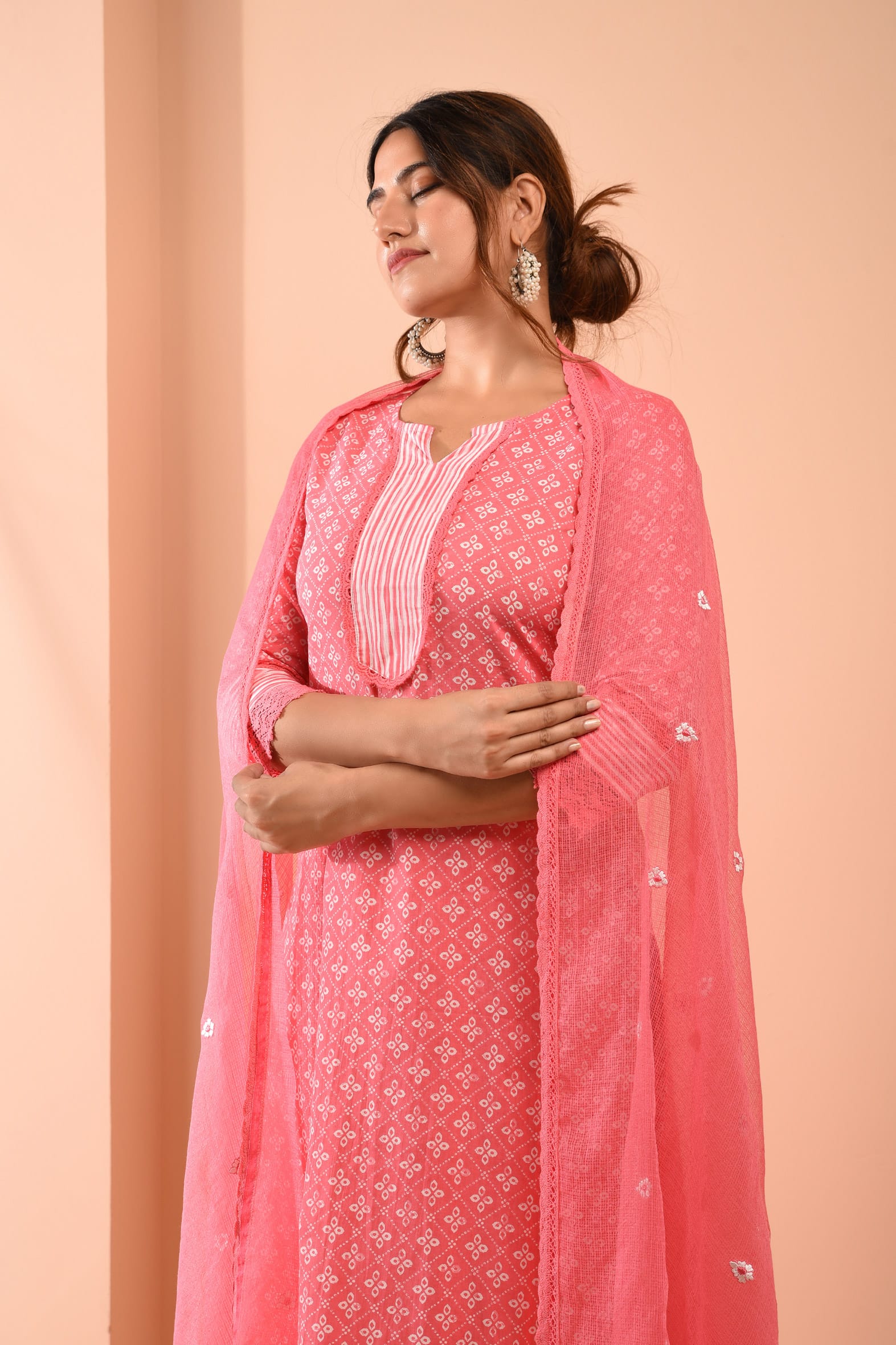 Pink Blockprint Cotton Kurta Pant & Embroidered Kota Doria