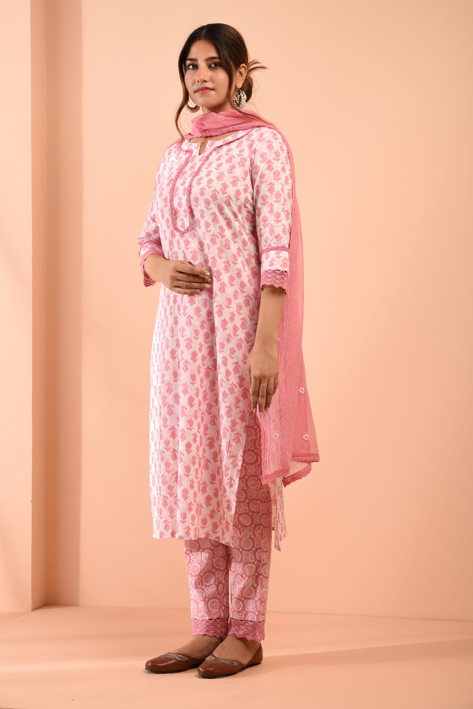 White Pink Hand Block Cotton Kurta Pant Embroidered Kota Doria