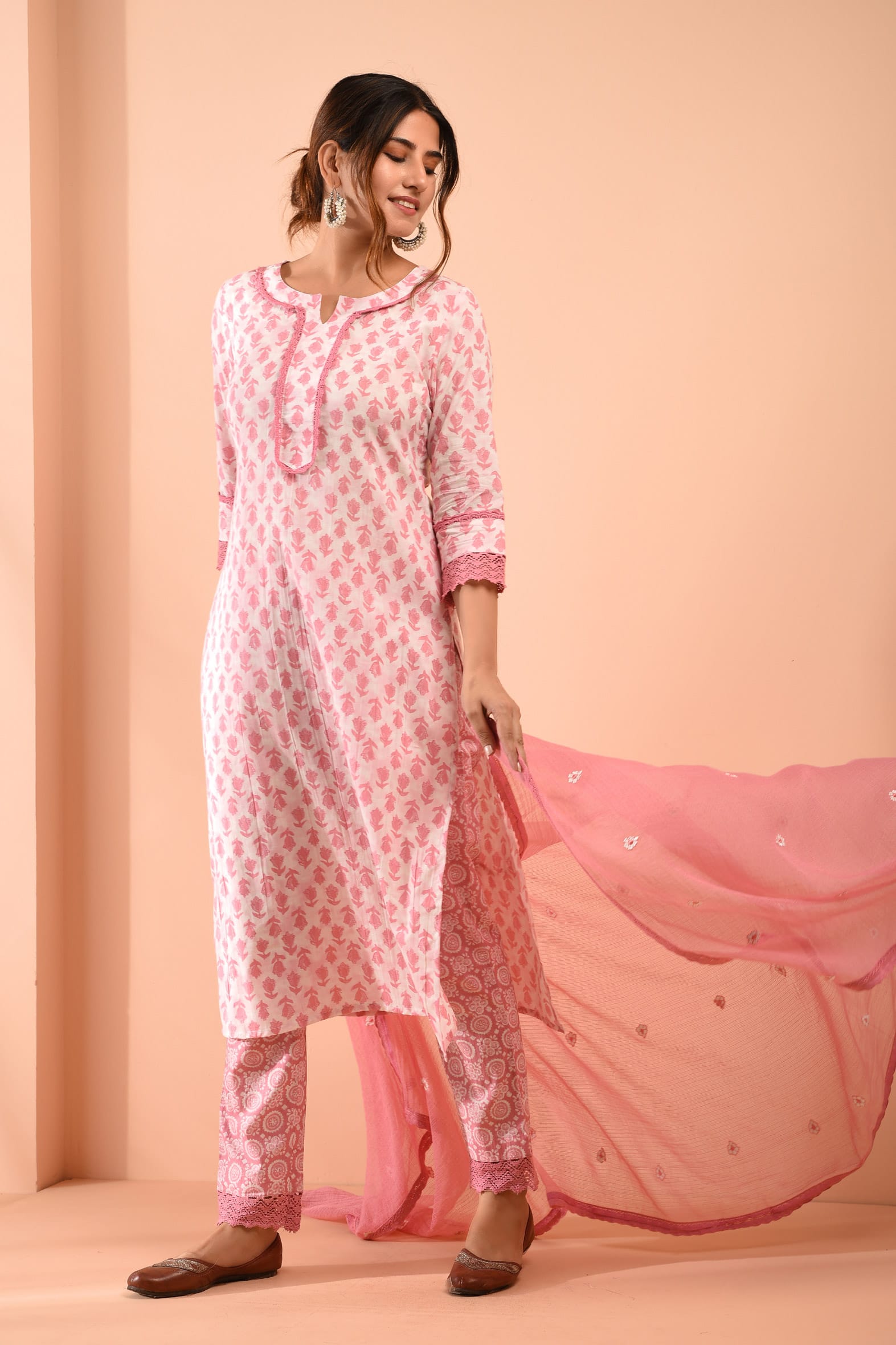 White Pink Hand Block Cotton Kurta Pant Embroidered Kota Doria