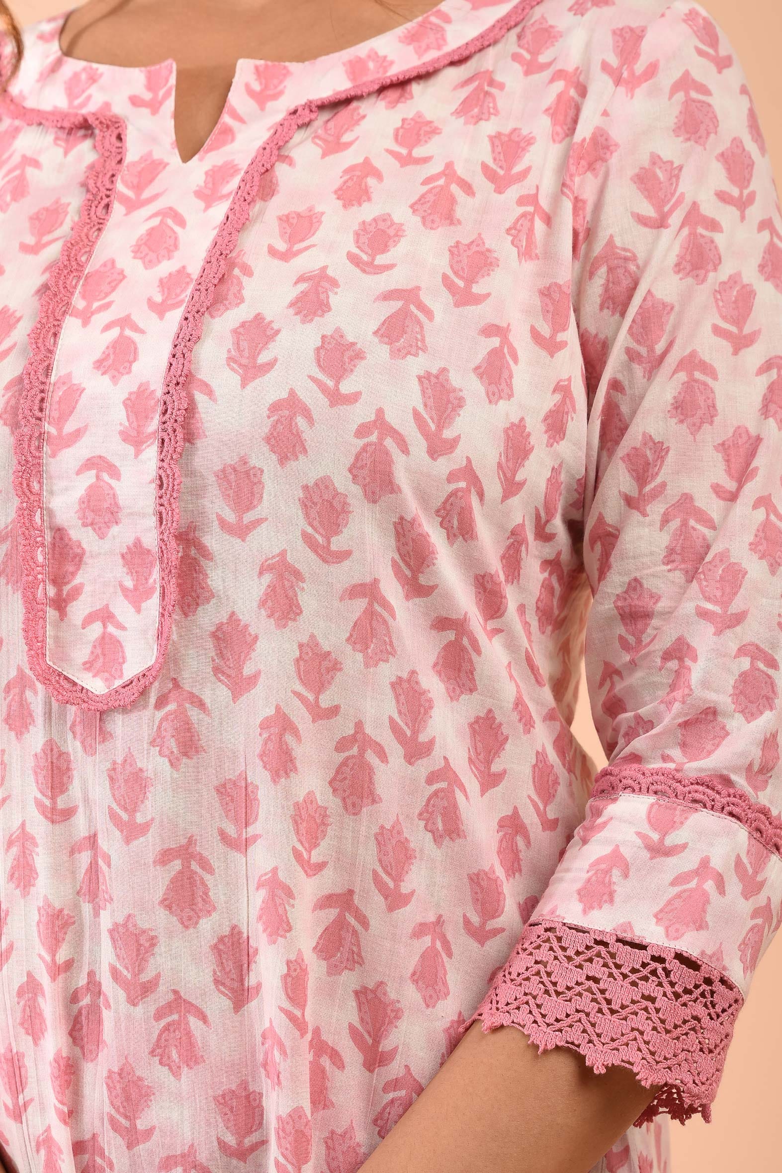 White Pink Hand Block Cotton Kurta Pant Embroidered Kota Doria