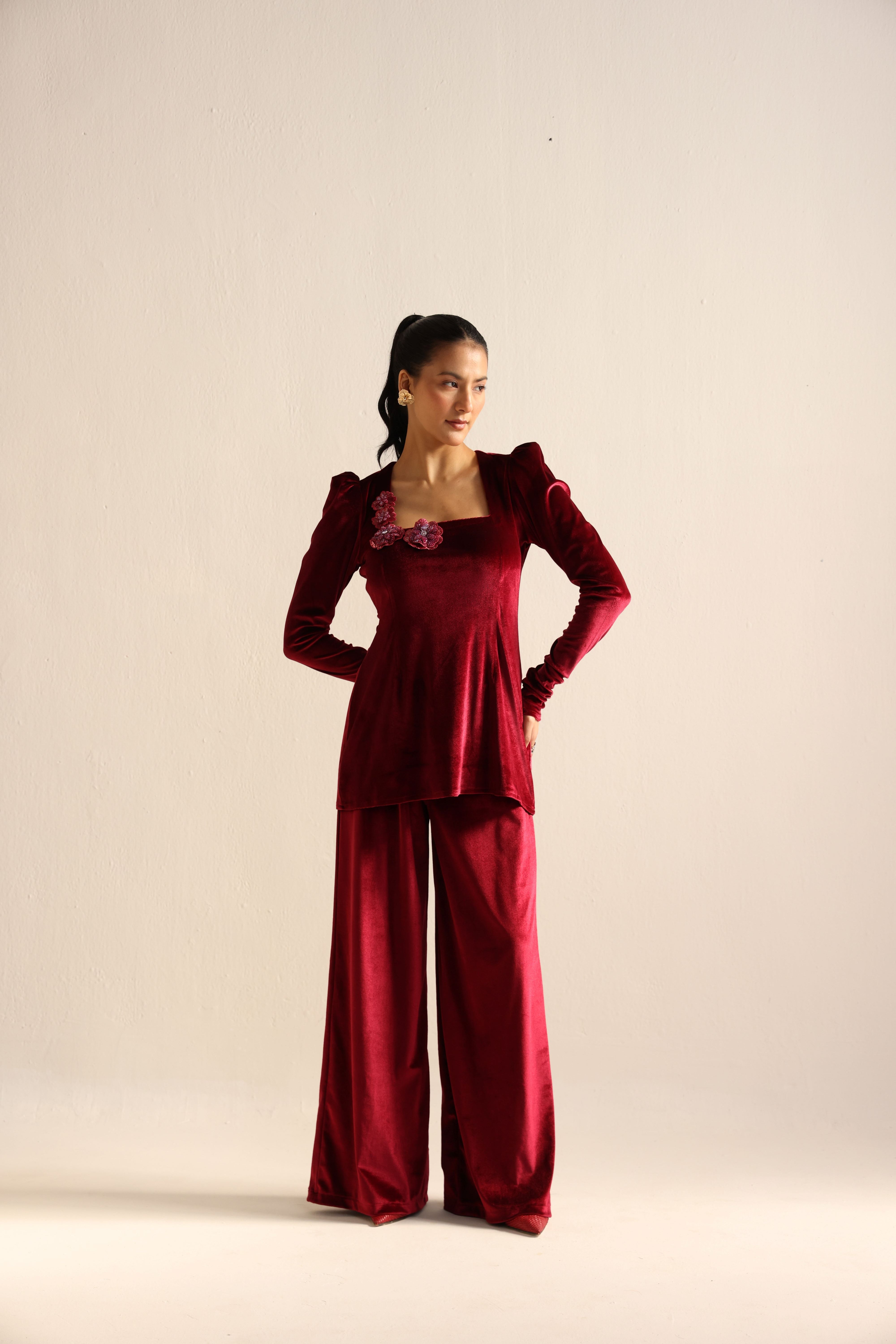 Maroon velvet co-ord set
