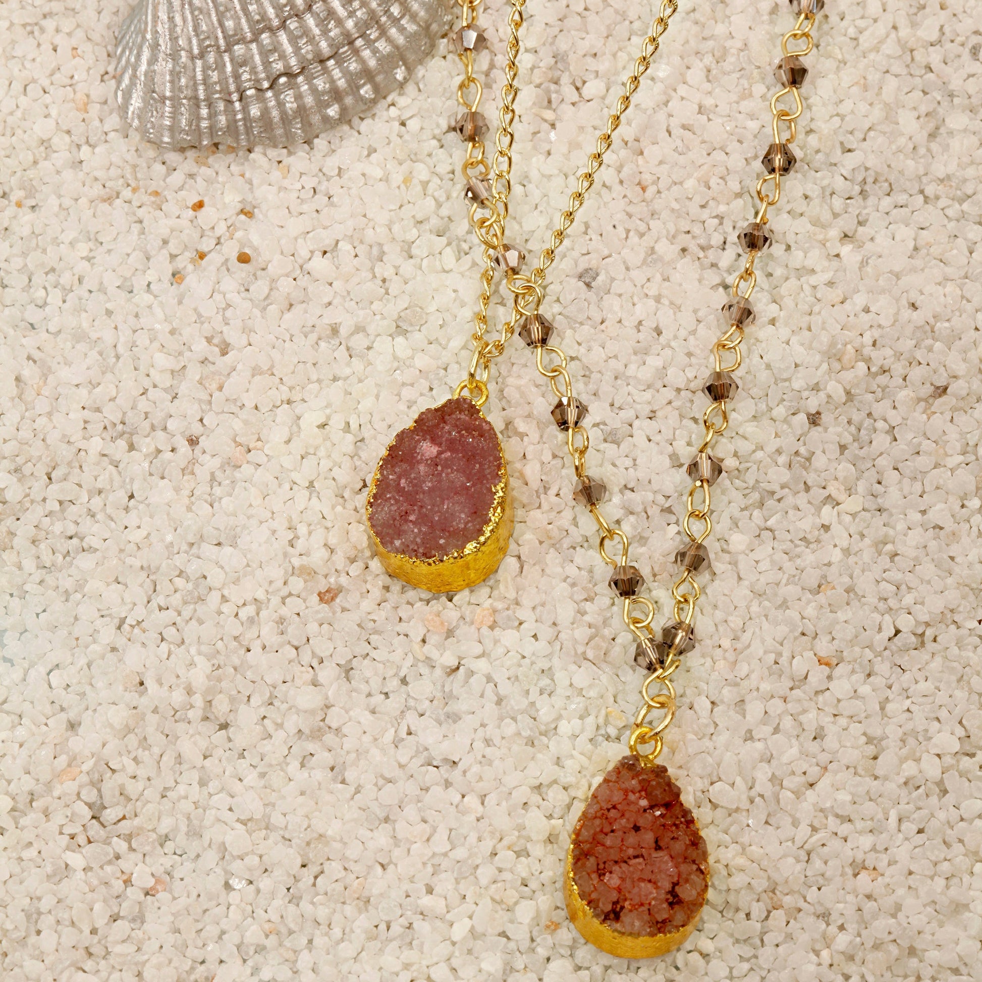 Pink Druze Necklace With Monochrome Outfit