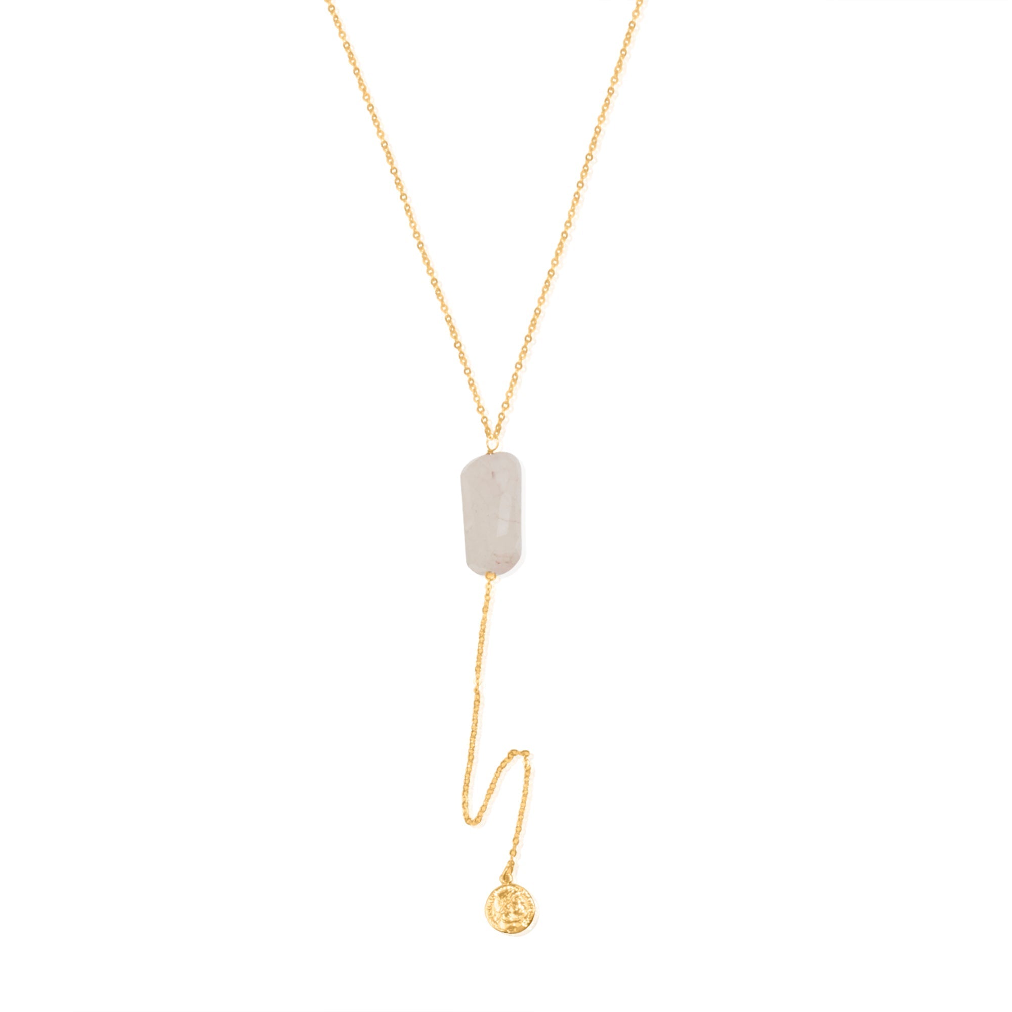 Rose Quartz Greek Coin Gold Necklace