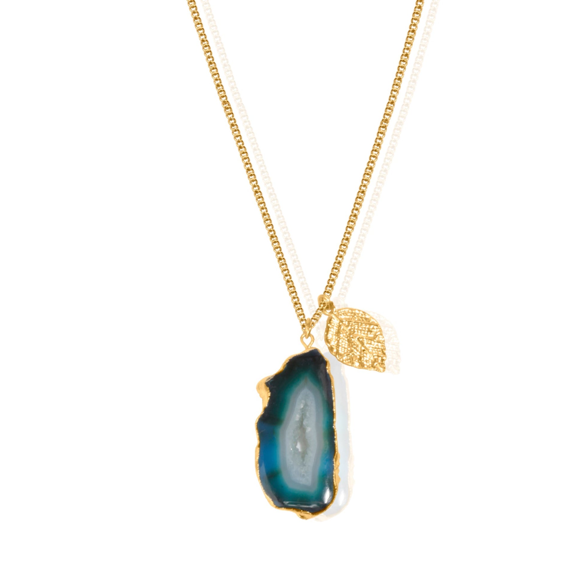 Turquoise Agate Pendant with Leaf Charm in 18K Gold Finish