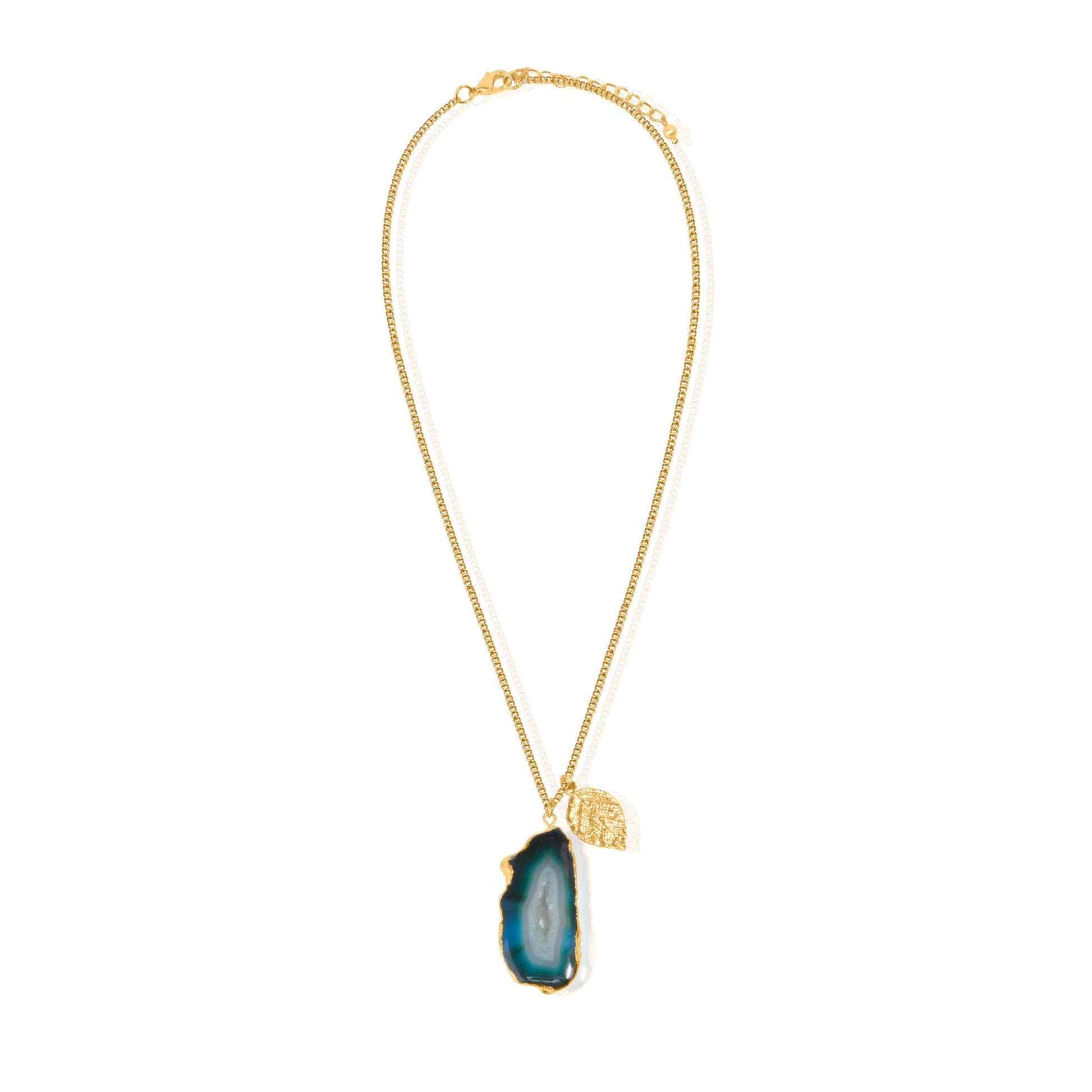 Turquoise Agate Pendant with Leaf Charm in 18K Gold Finish