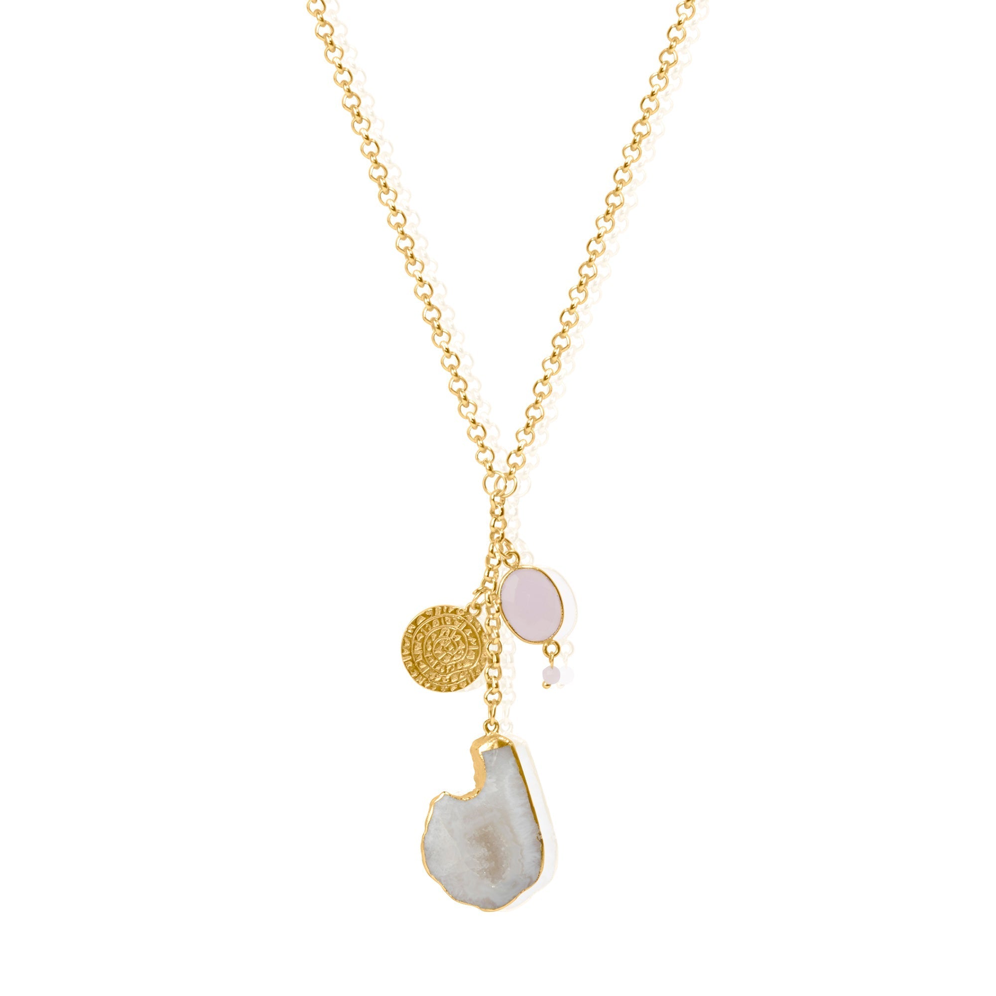 Rose Quartz White Agate Coin Necklace