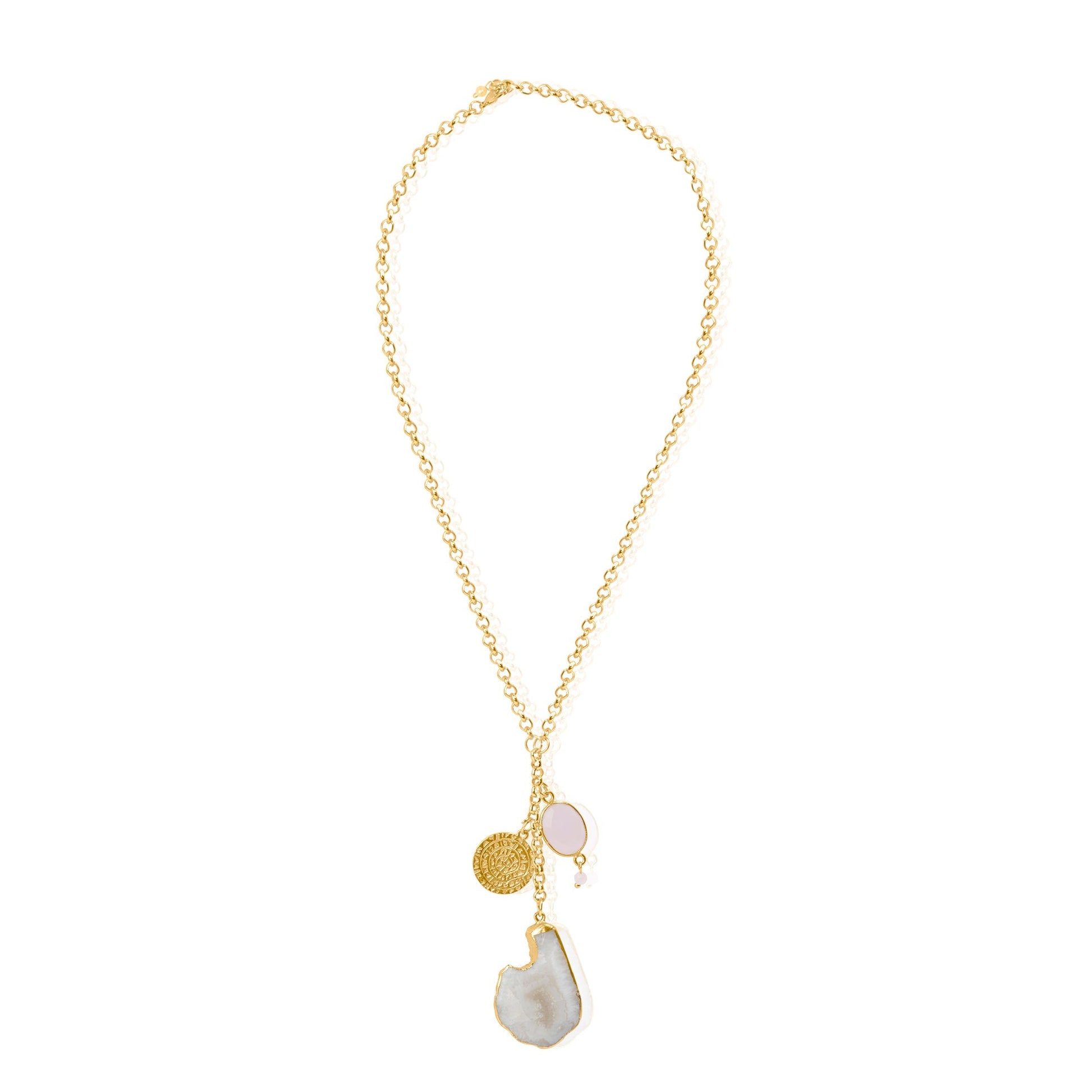 Rose Quartz White Agate Coin Necklace