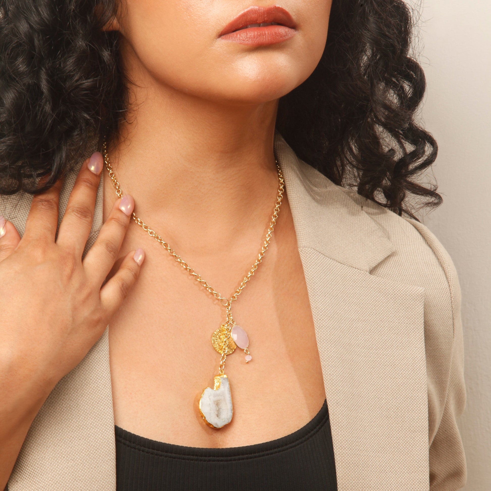 Rose Quartz White Agate Coin Necklace
