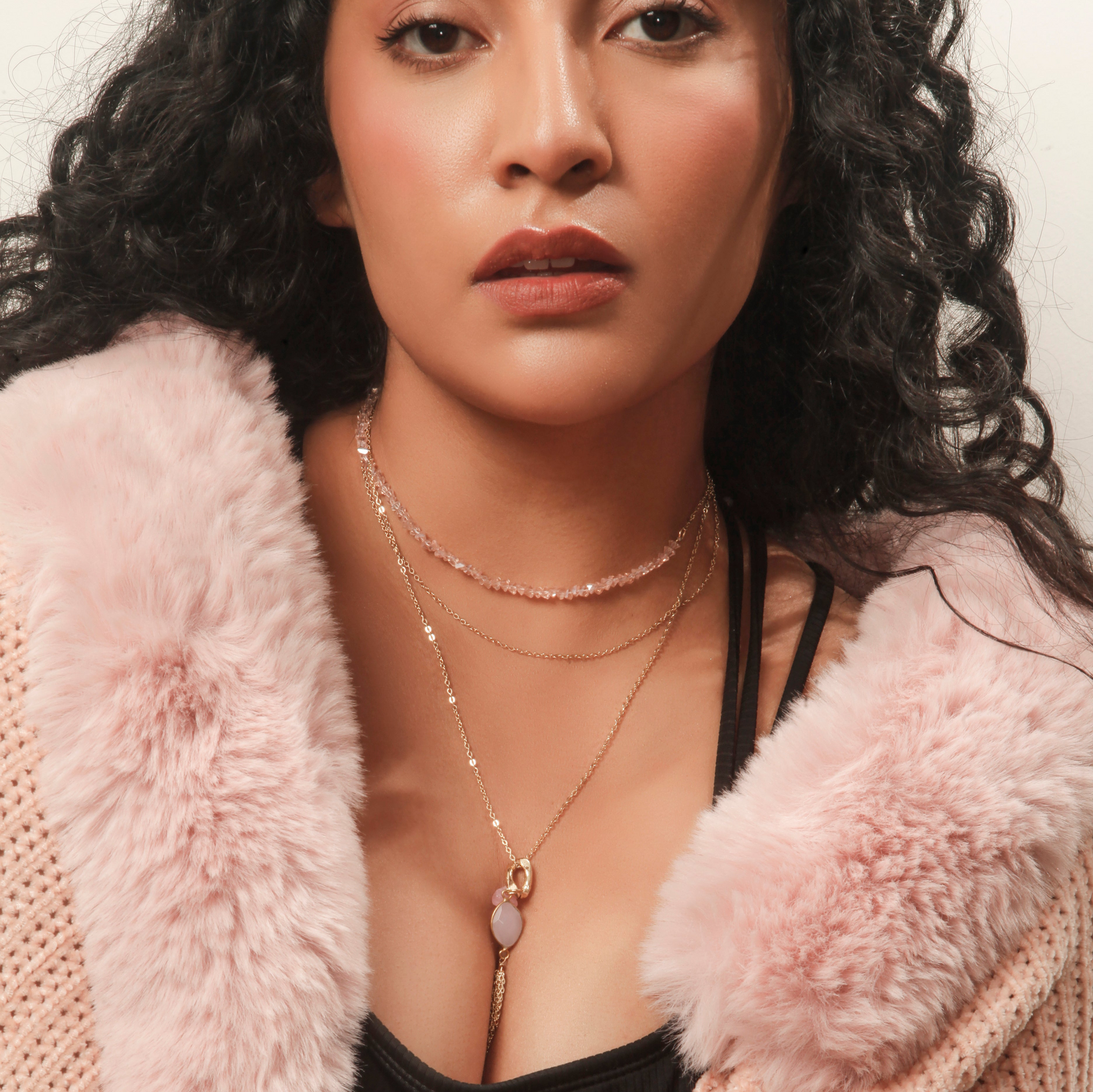 Rose Quartz Layered Necklace Pink Stone Statement