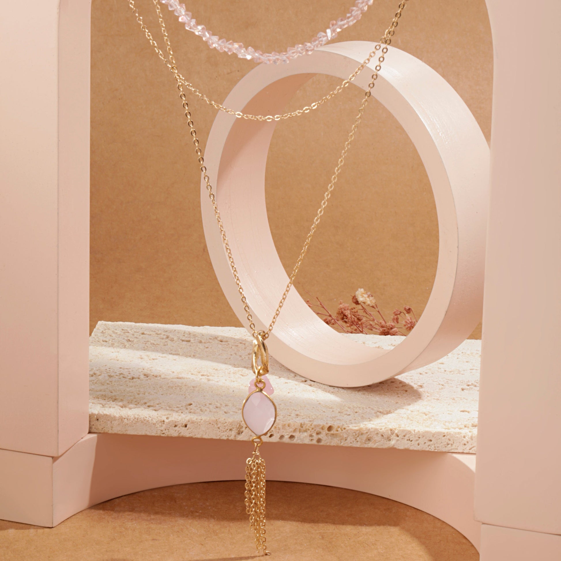 Rose Quartz Layered Necklace Pink Stone Statement