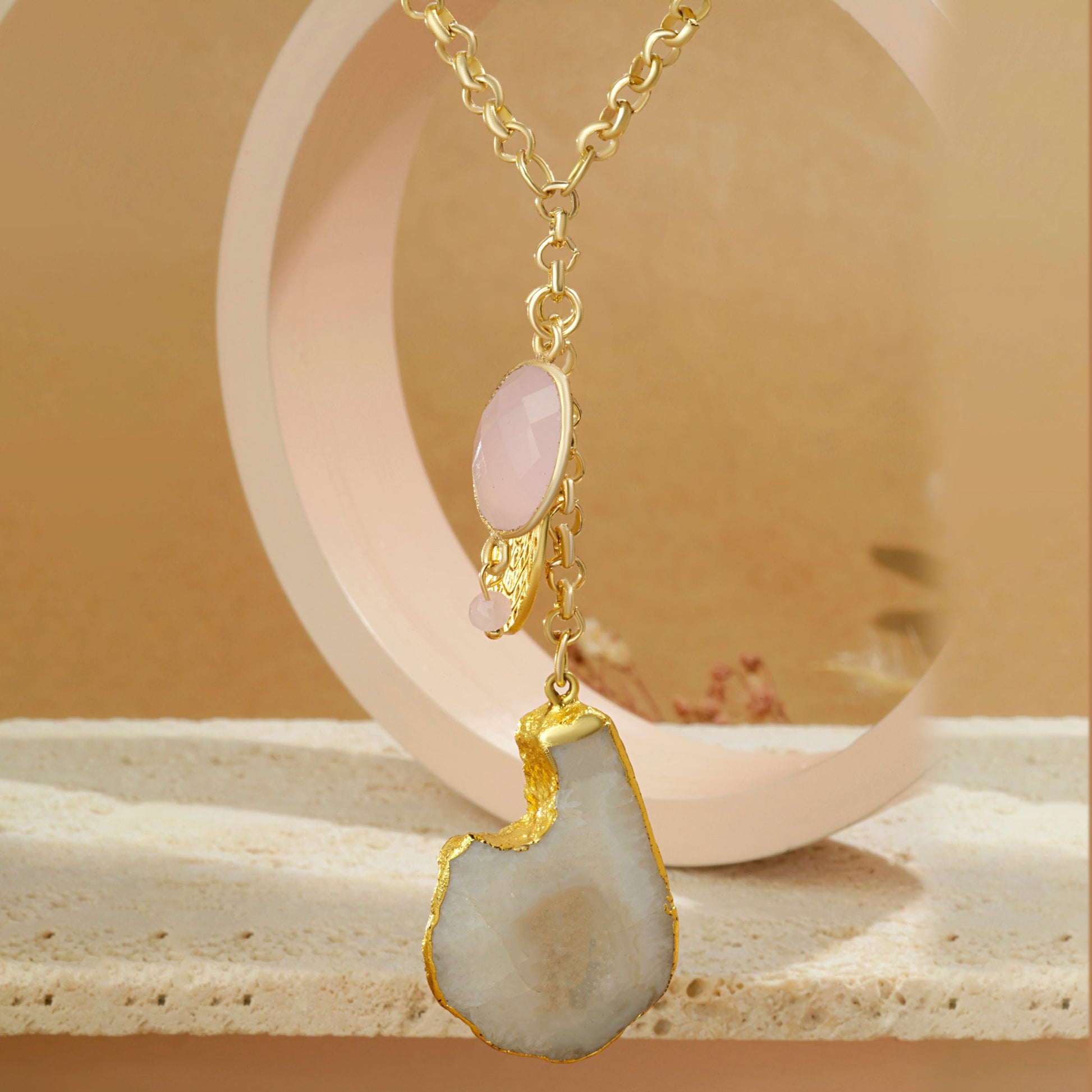 Rose Quartz White Agate Coin Necklace