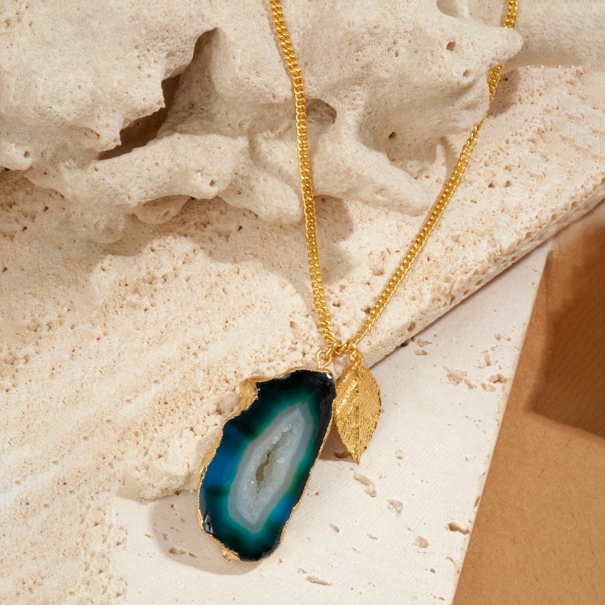 Turquoise Agate Pendant with Leaf Charm in 18K Gold Finish