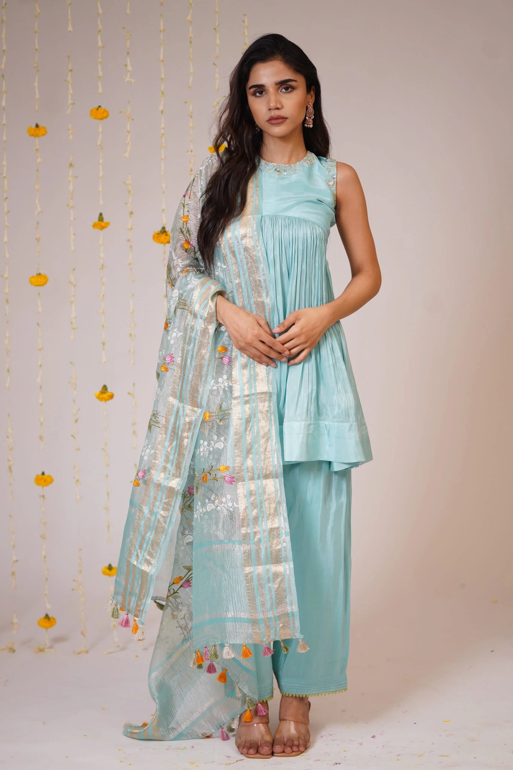 Mandhaara Aasamaanee Sky Blue Tissue Sharara Set with Dupatta - Festive Sharara