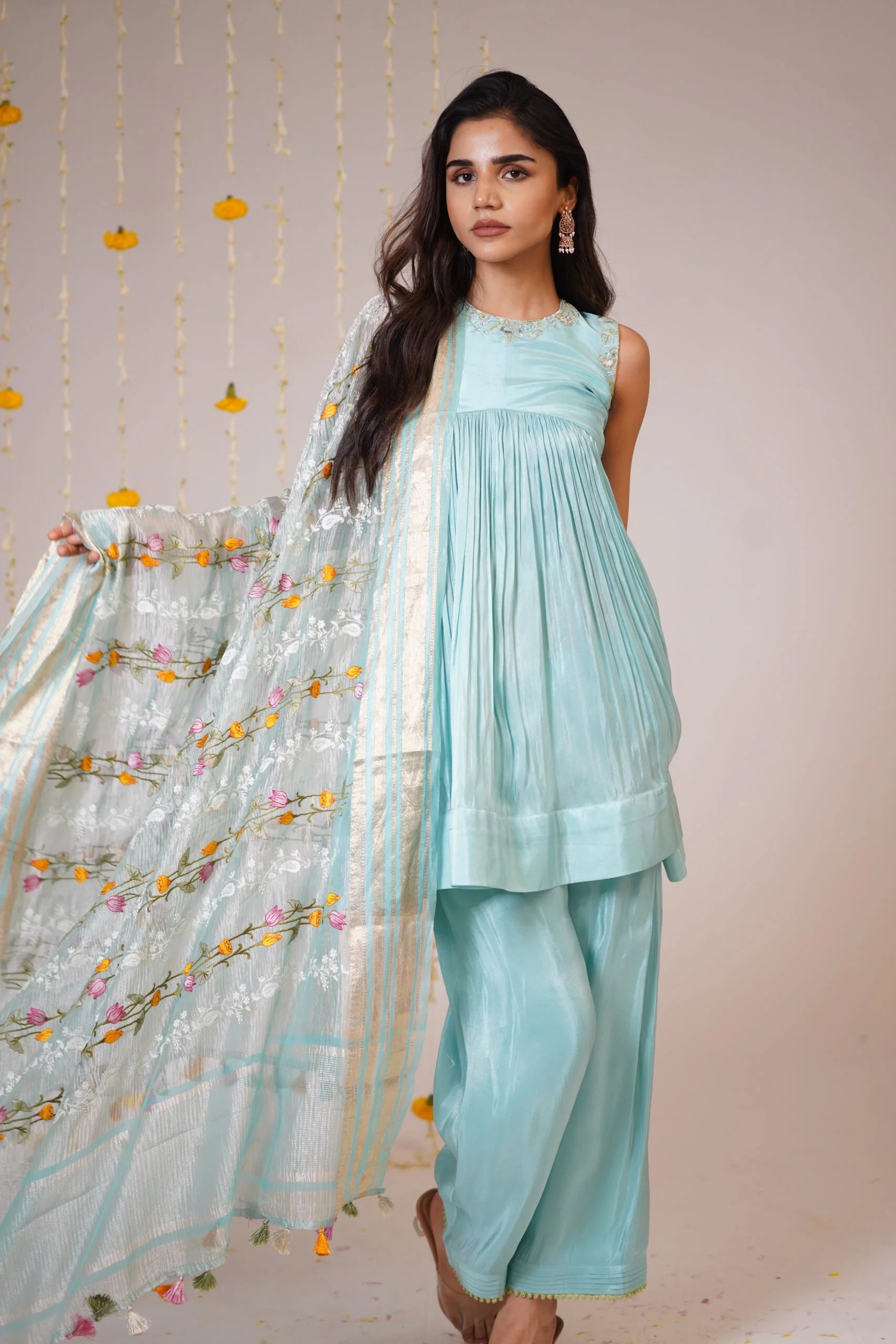 Mandhaara Aasamaanee Sky Blue Tissue Sharara Set with Dupatta - Festive Sharara