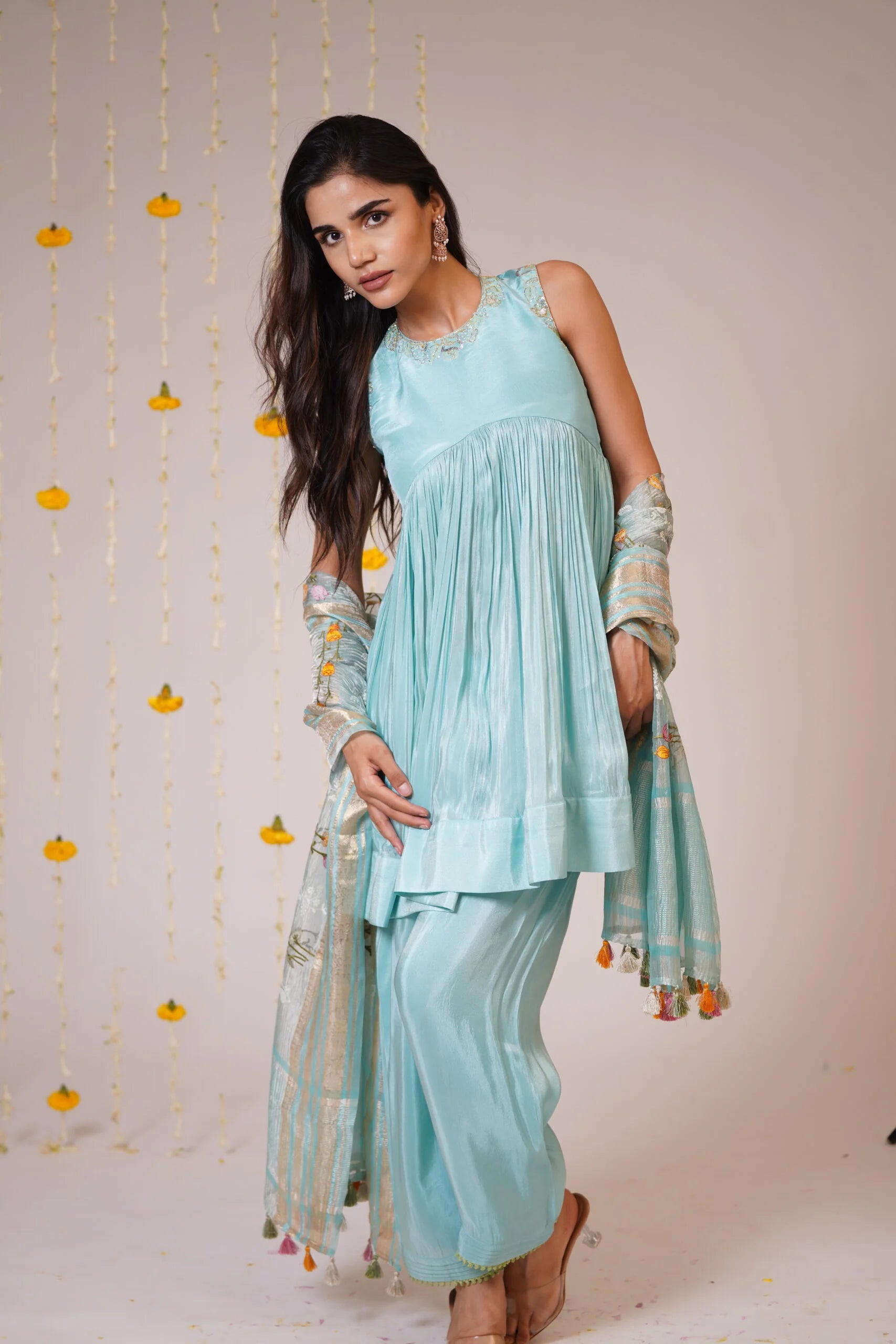 Mandhaara Aasamaanee Sky Blue Tissue Sharara Set with Dupatta - Festive Sharara