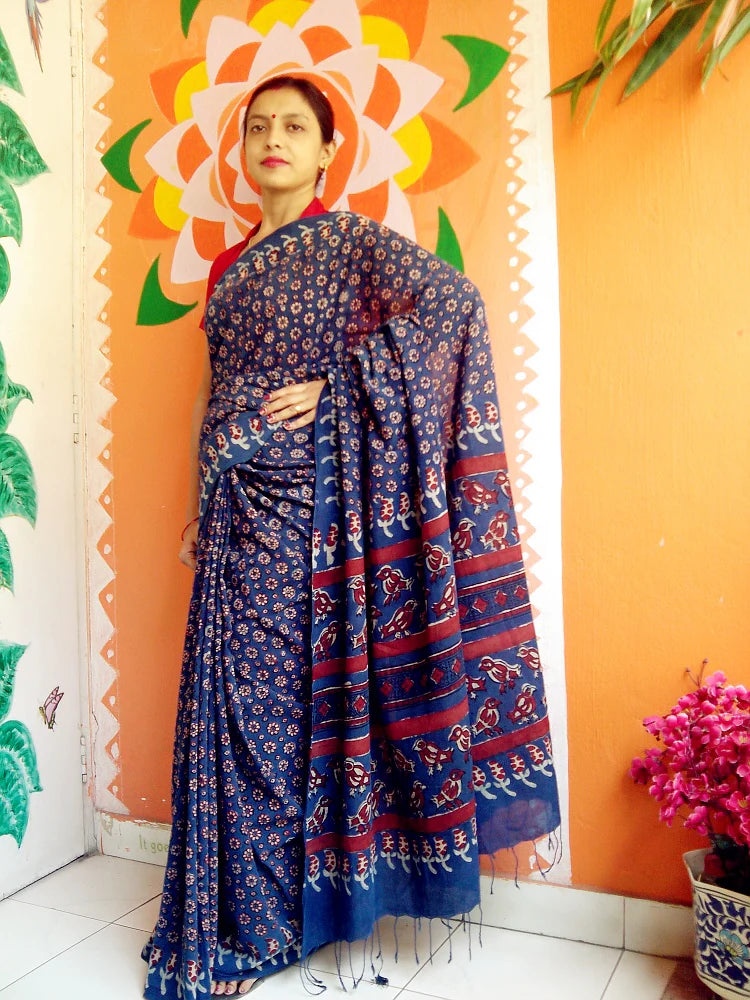 Indigo Blue Madder Red Muslin Cotton Tarapur Handblock Saree Nature