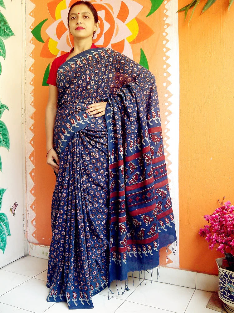 Indigo Blue Madder Red Muslin Cotton Tarapur Handblock Saree Nature