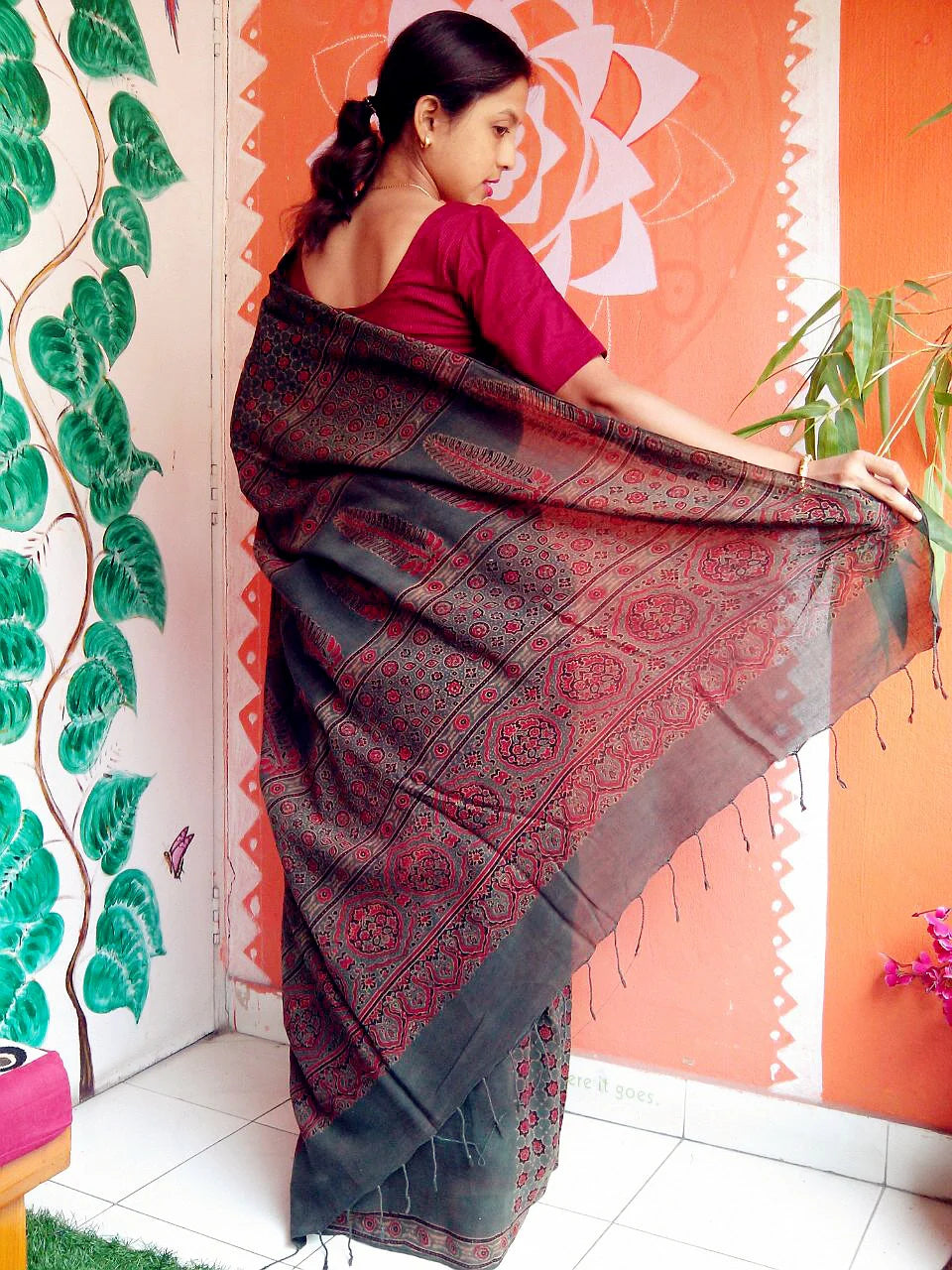 Mani - Pure Muslin Cotton Ajrakh Hand Block Print Saree