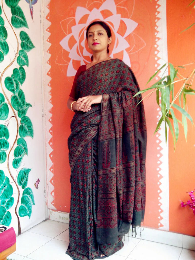 Mani - Pure Muslin Cotton Ajrakh Hand Block Print Saree