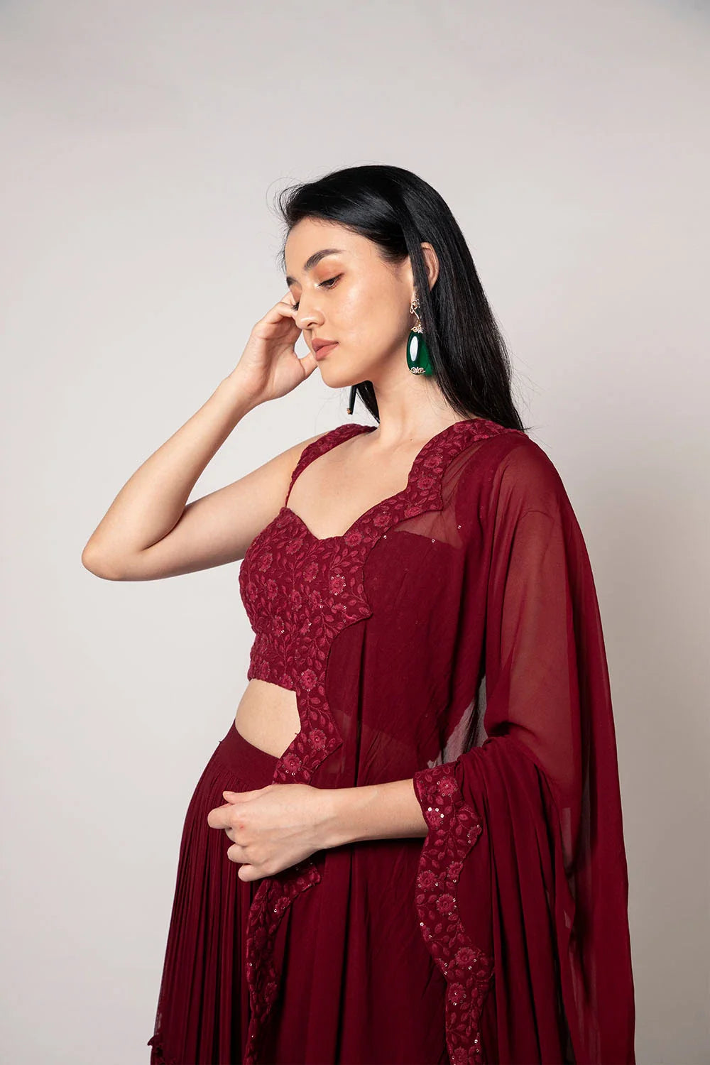 Stunning Maroon Chikankari Tiered Pleated Lehenga Sequin Detail