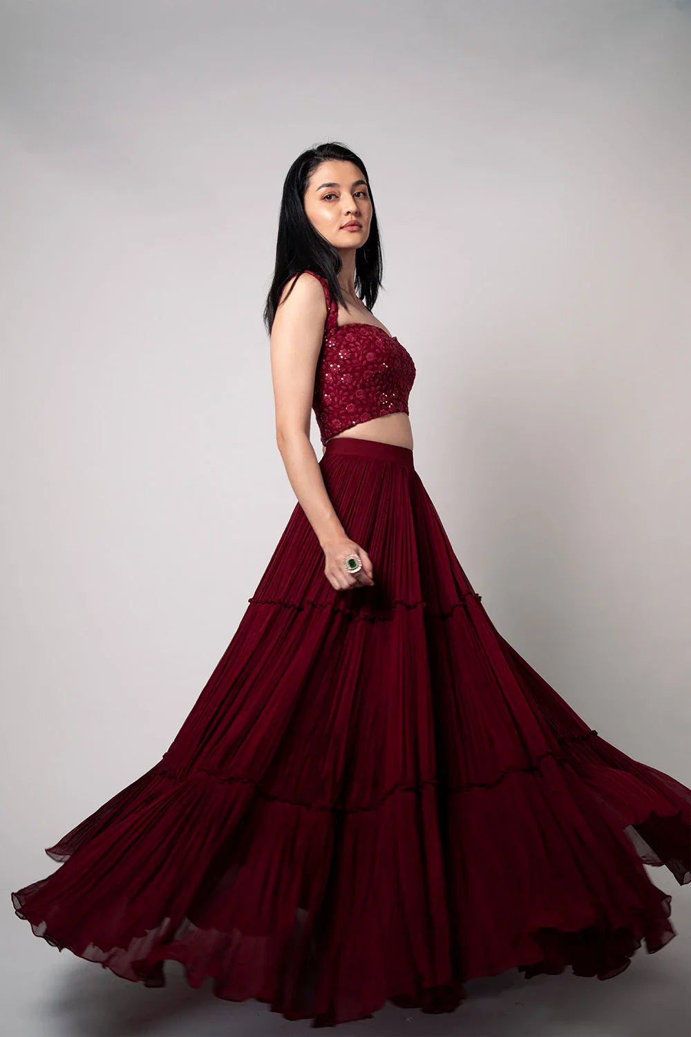 Stunning Maroon Chikankari Tiered Pleated Lehenga Sequin Detail