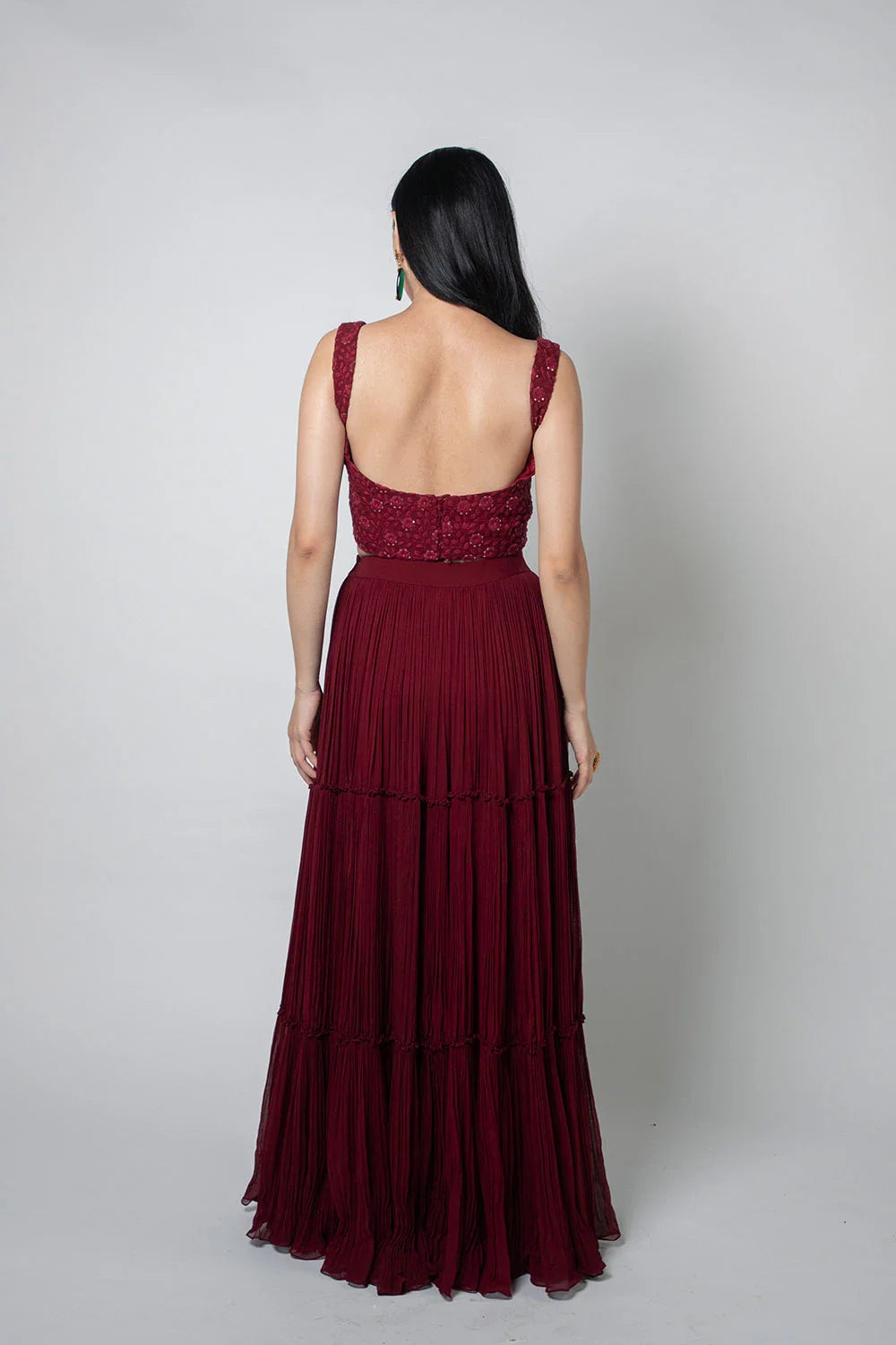 Stunning Maroon Chikankari Tiered Pleated Lehenga Sequin Detail