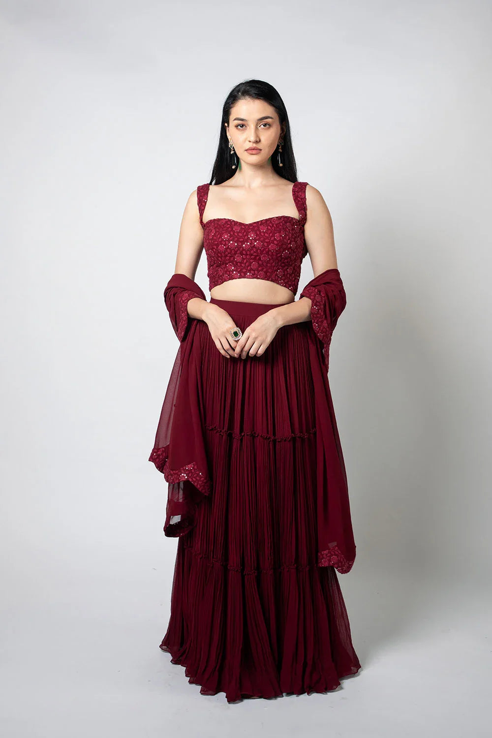 Stunning Maroon Chikankari Tiered Pleated Lehenga Sequin Detail