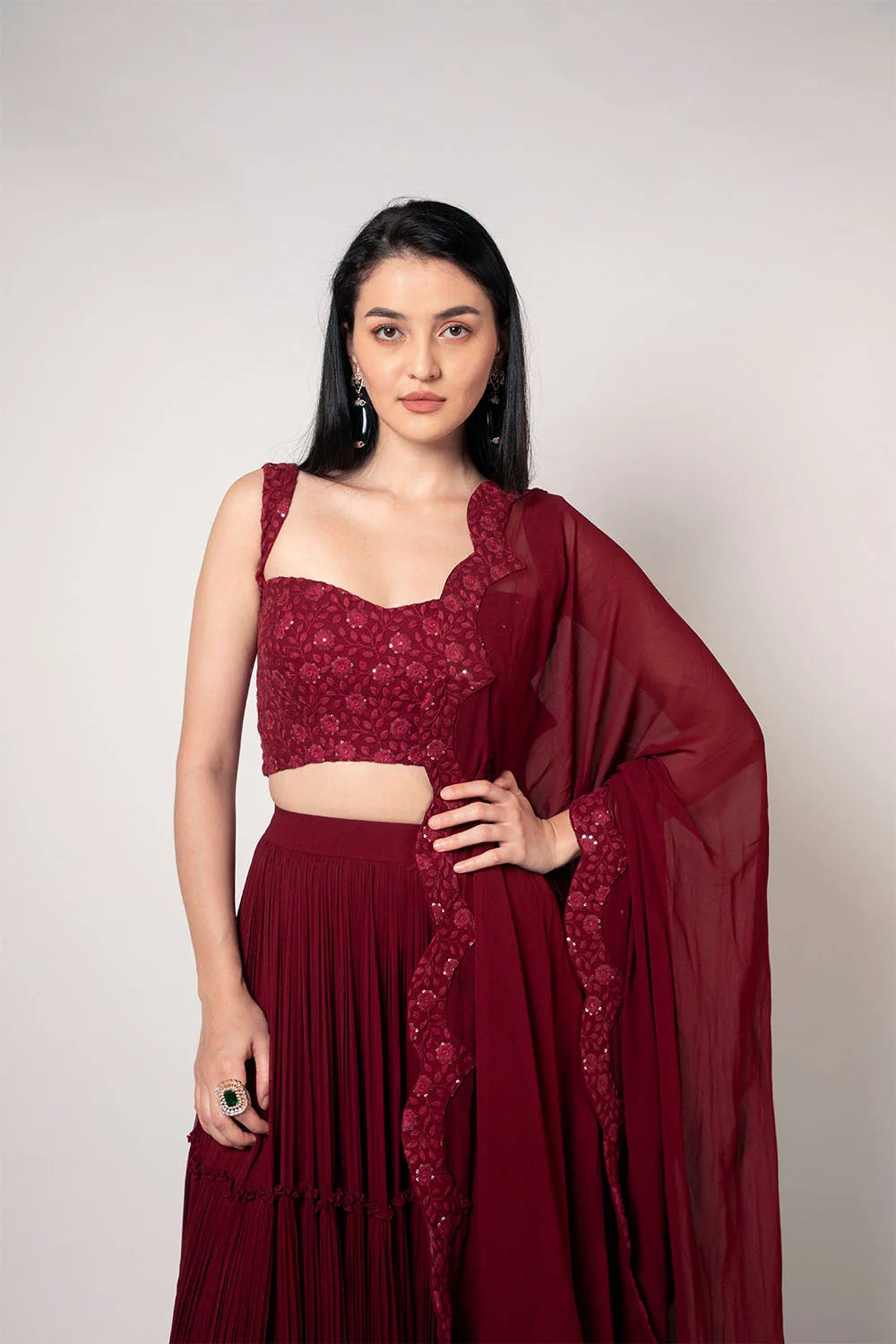 Stunning Maroon Chikankari Tiered Pleated Lehenga Sequin Detail