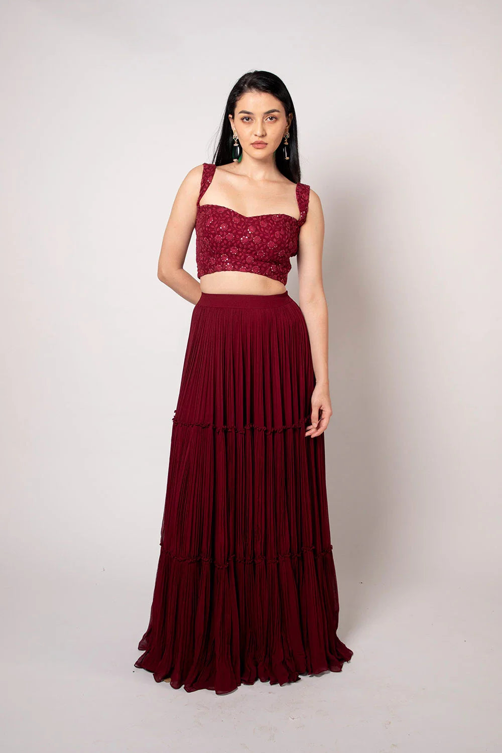 Stunning Maroon Chikankari Tiered Pleated Lehenga Sequin Detail