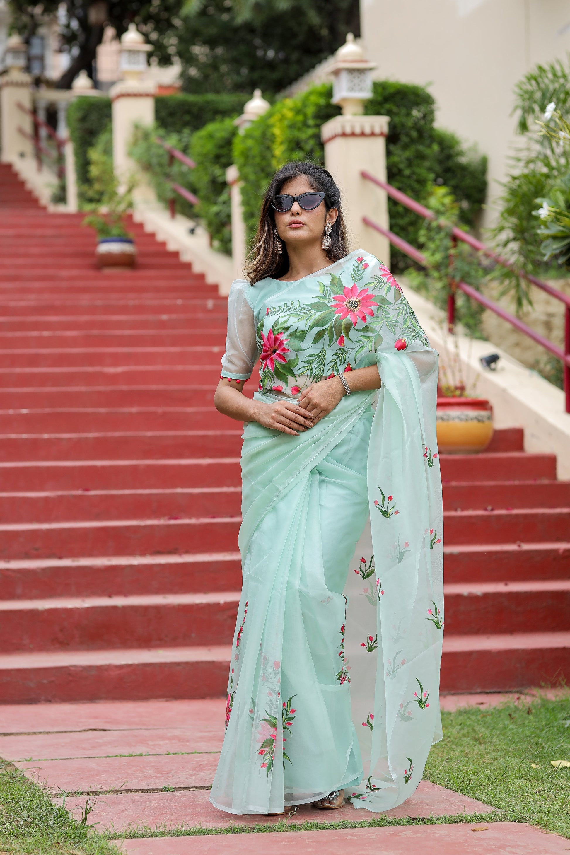 Ethereal Pastel Green Organza Handpainted Saree Floral