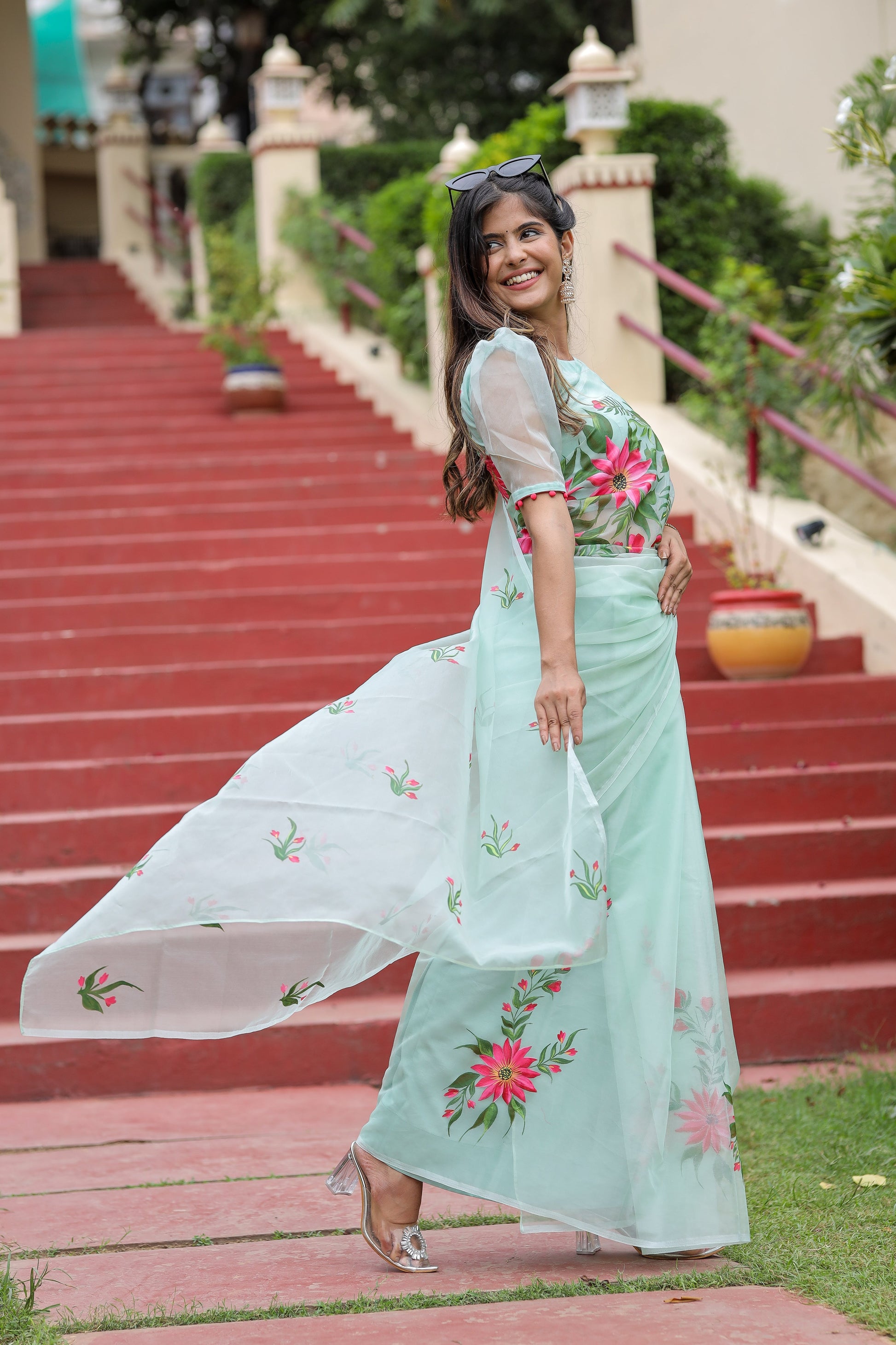 Ethereal Pastel Green Organza Handpainted Saree Floral