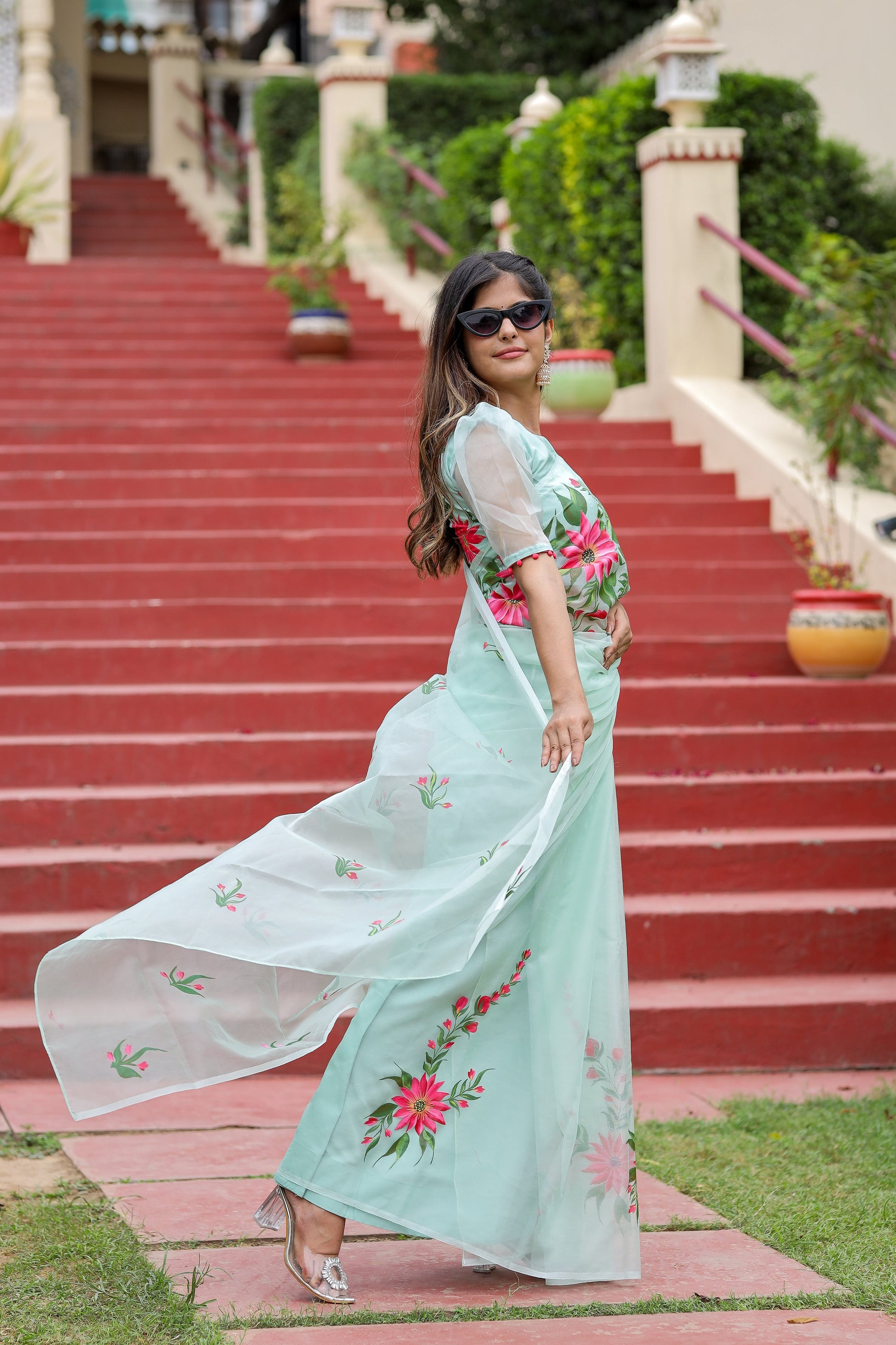 Ethereal Pastel Green Organza Handpainted Saree Floral
