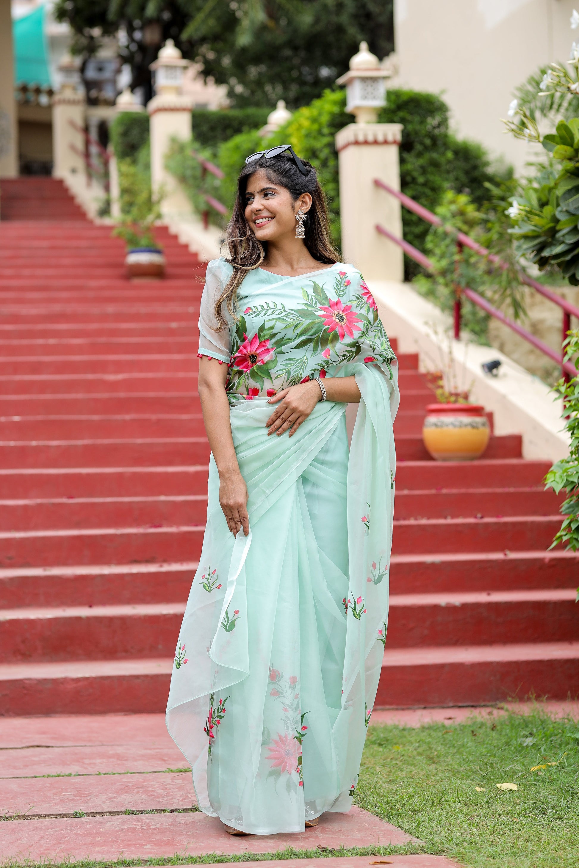 Ethereal Pastel Green Organza Handpainted Saree Floral