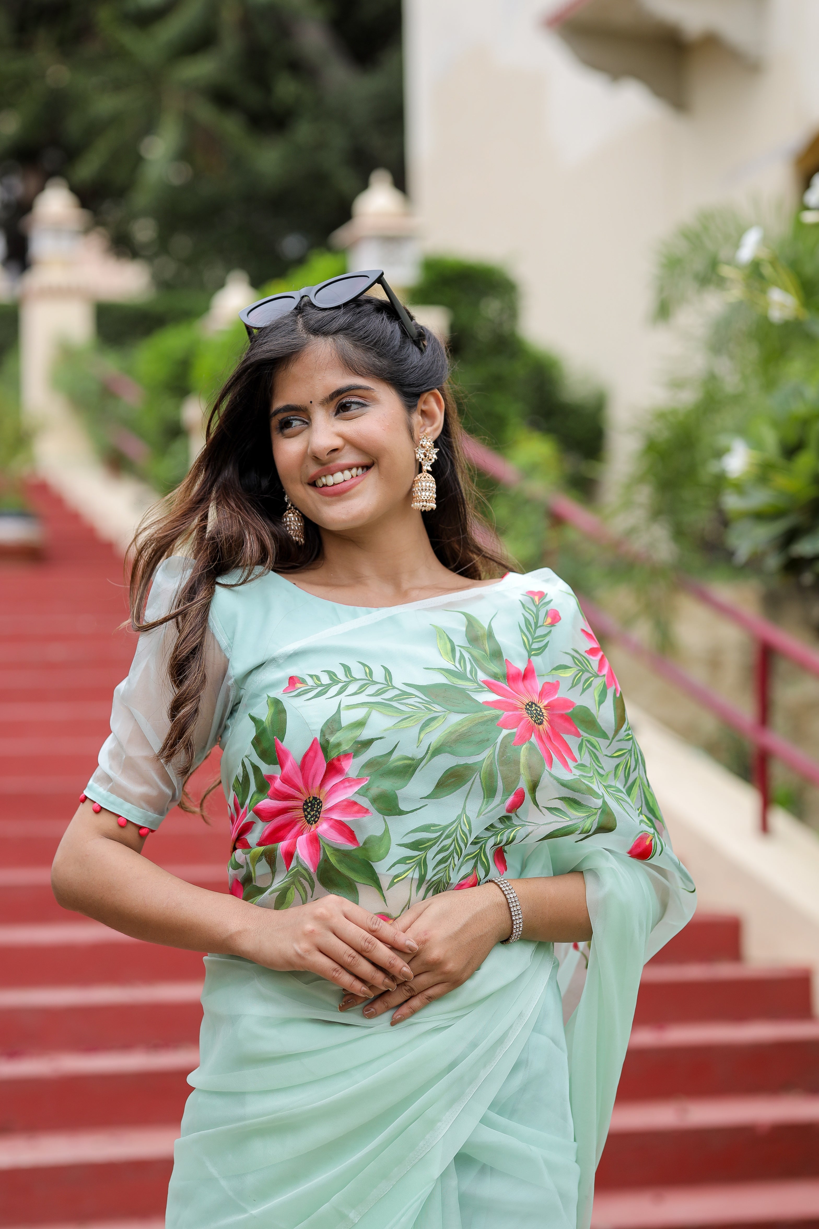 Ethereal Pastel Green Organza Handpainted Saree Floral