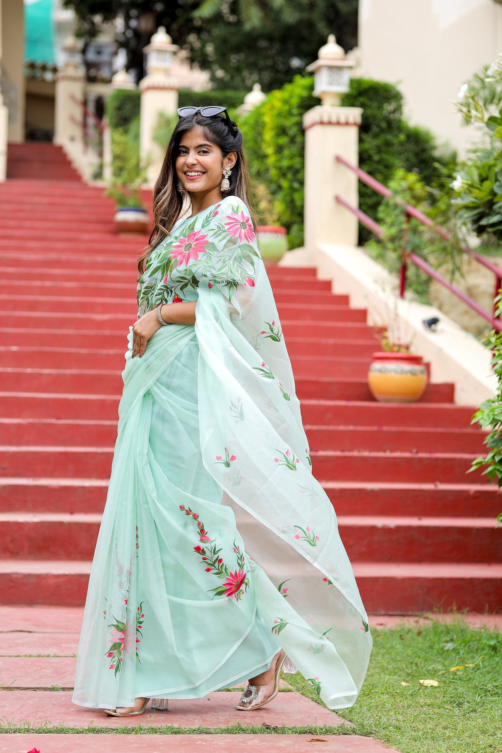 Ethereal Pastel Green Organza Handpainted Saree Floral