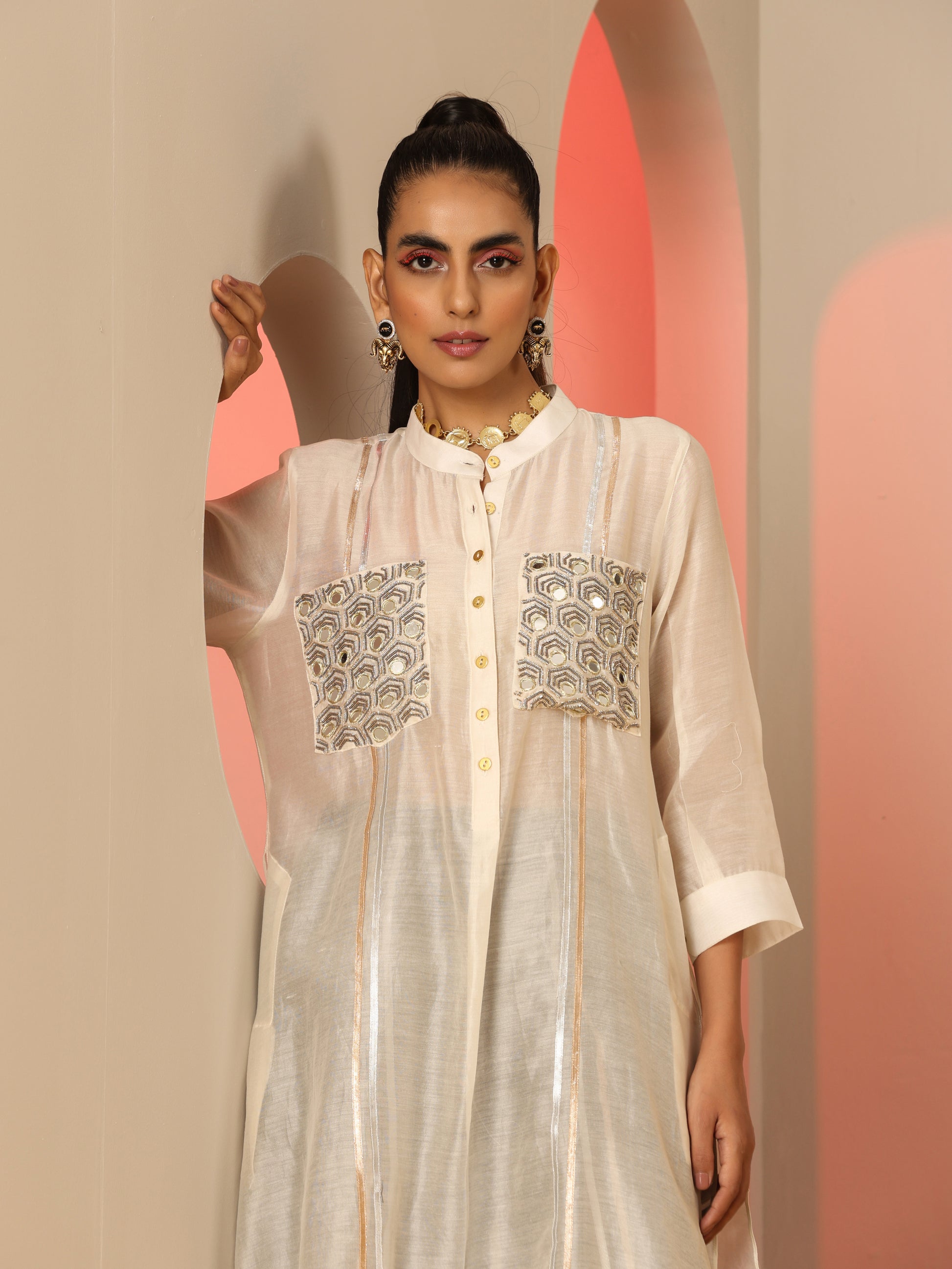 Ivory Black Cotton Silk Mirror Gota Oversized Kurta Pants Set