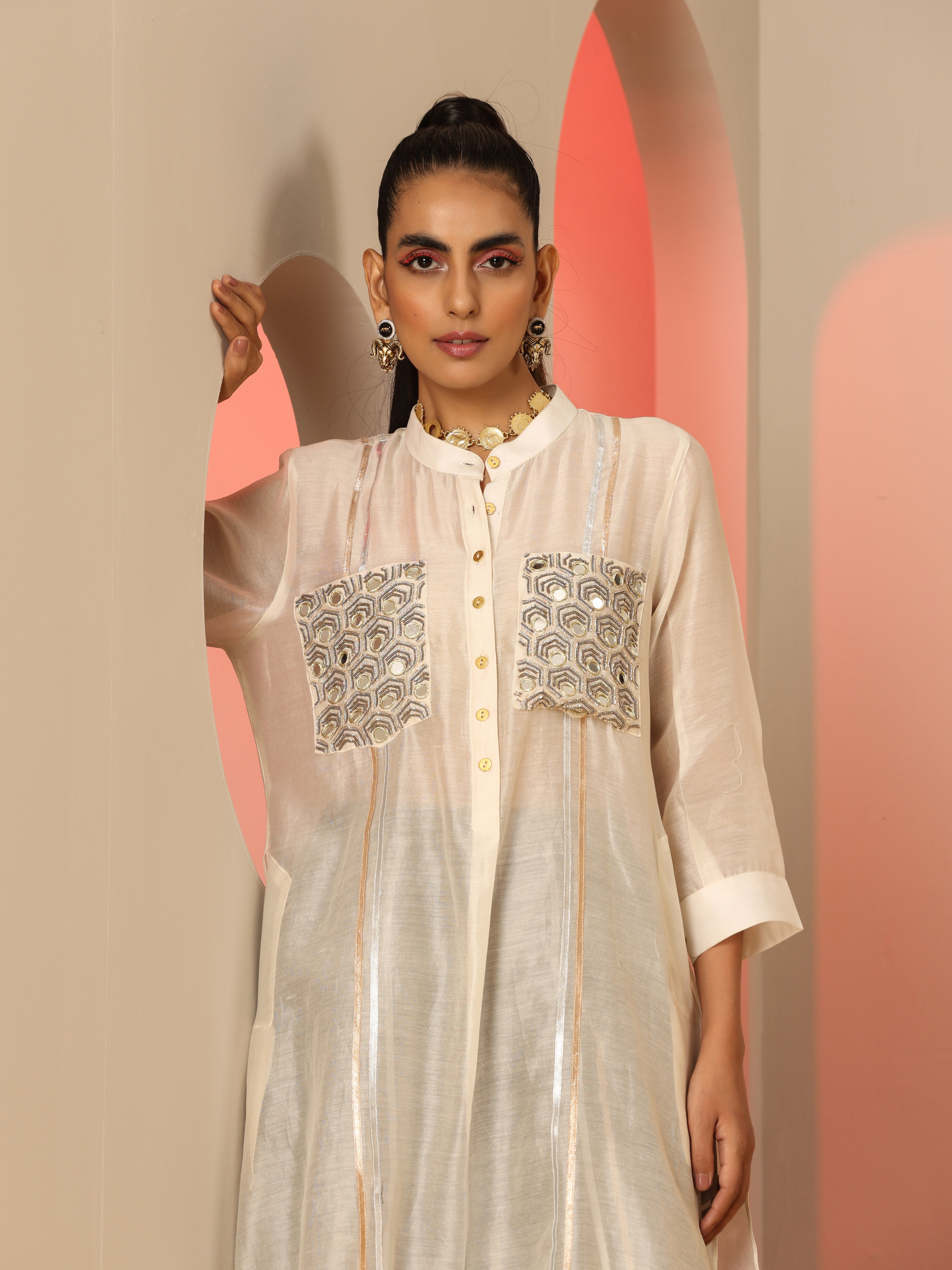Ivory Black Cotton Silk Mirror Gota Oversized Kurta Pants Set