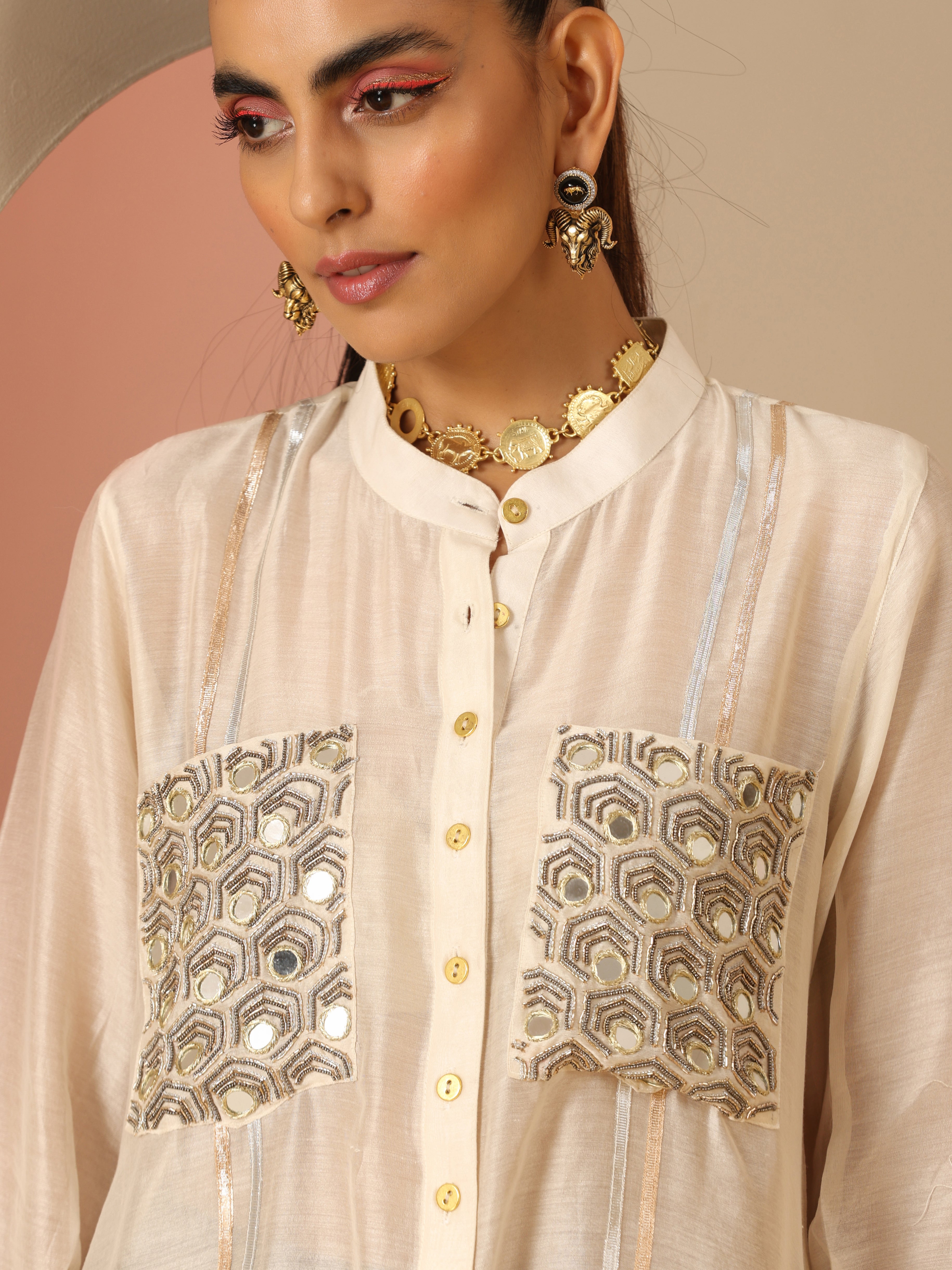 Ivory Black Cotton Silk Mirror Gota Oversized Kurta Pants Set