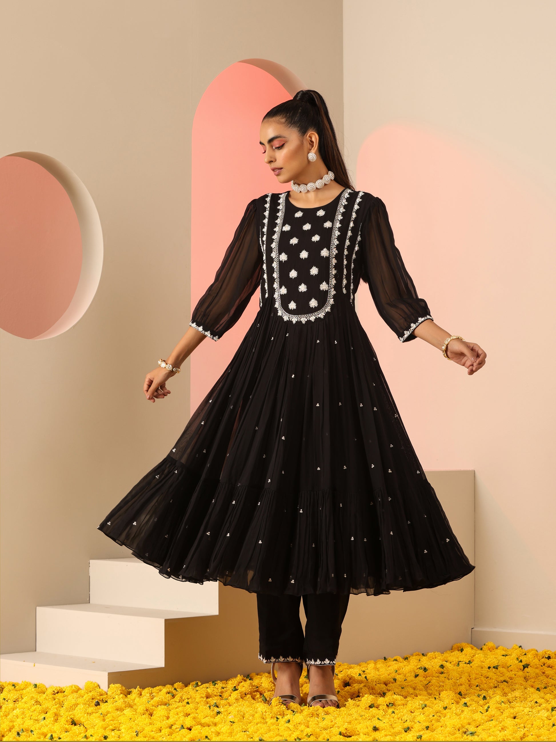 Black Viscose Organza Resham Beadwork Kalidar Kurta Pants Dupatta