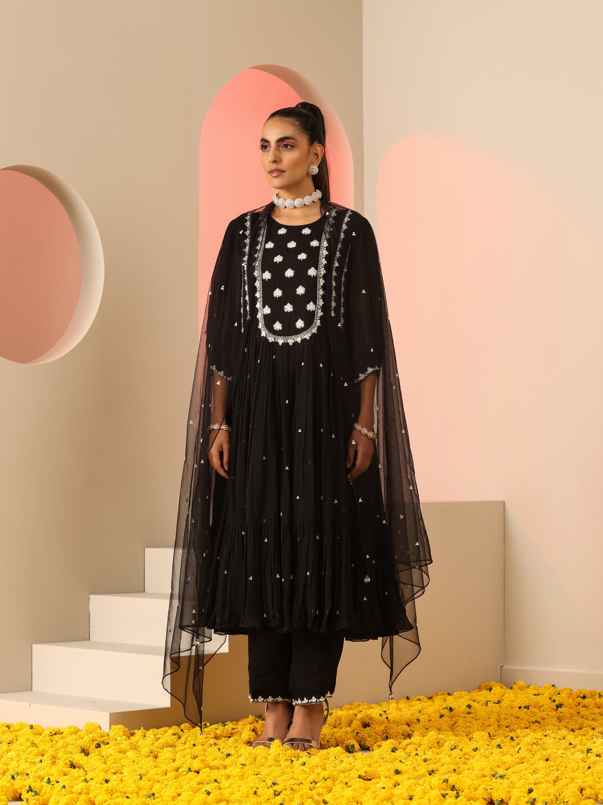 Black Viscose Organza Resham Beadwork Kalidar Kurta Pants Dupatta