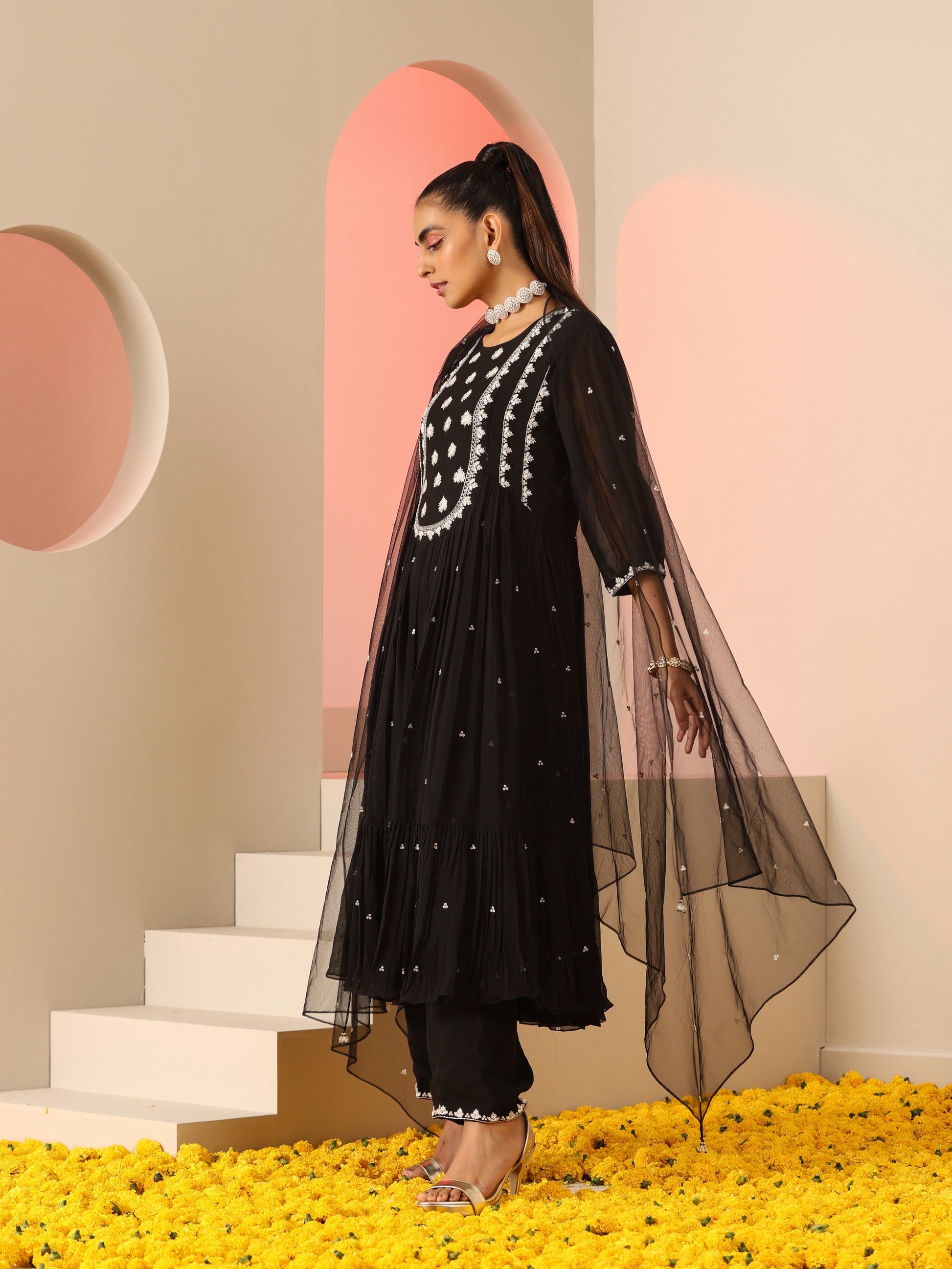Black Viscose Organza Resham Beadwork Kalidar Kurta Pants Dupatta