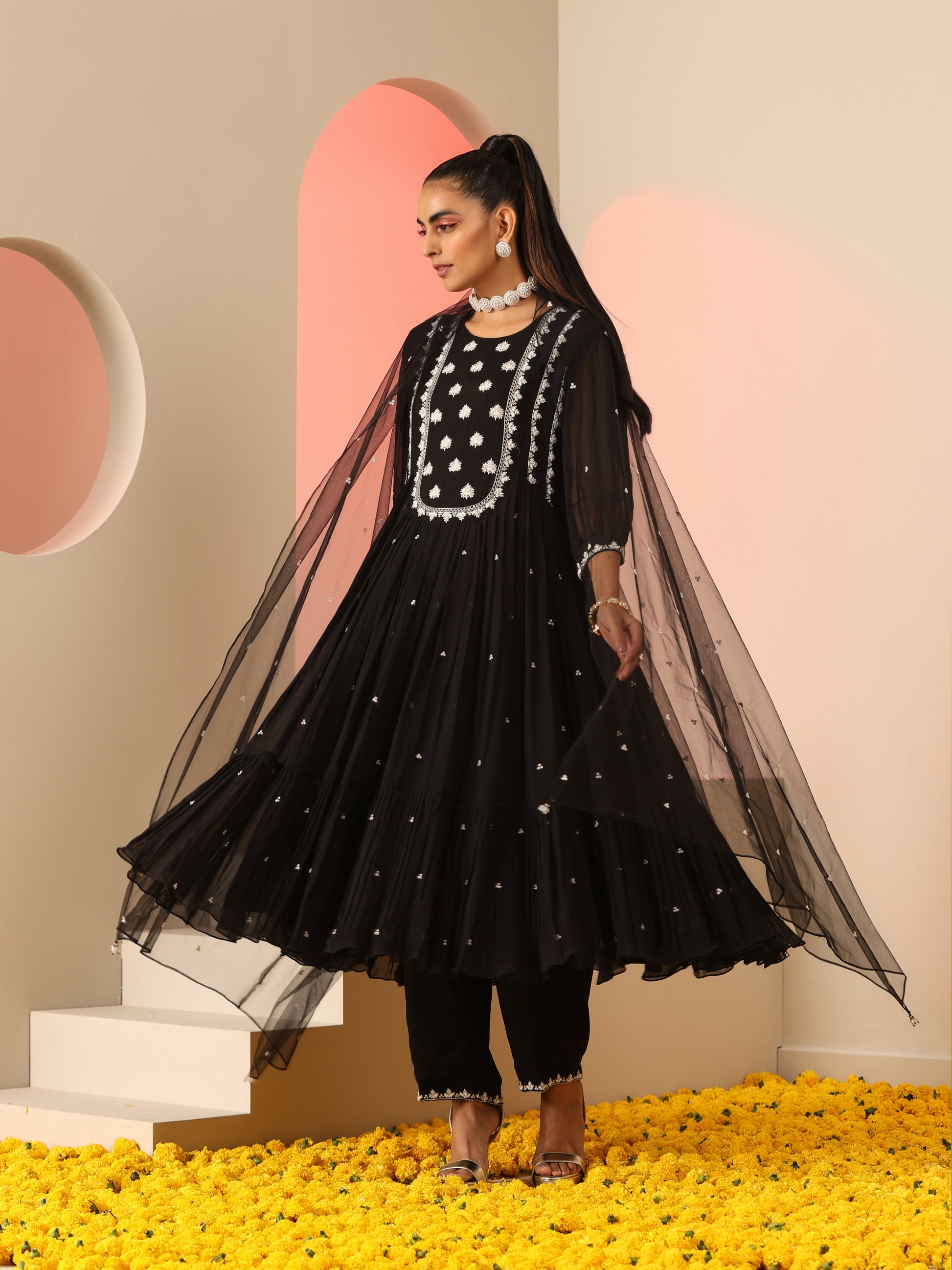 Black Viscose Organza Resham Beadwork Kalidar Kurta Pants Dupatta